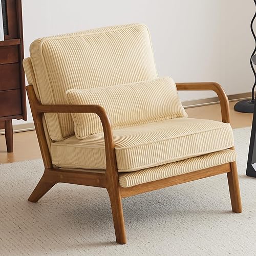 VINGLI Upgraded Premium Corduroy Accent Chair,Upholstered Arm Chair,Solid Wood Comfy Reading Chair with Lumbar Pillow, Mid Century Modern Chairs for Living Room,Bedroom,Guest Room,Dark Beige