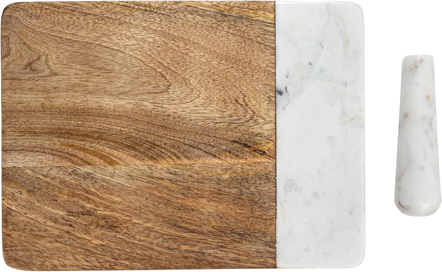 Creative Co-Op Mango Wood and Marble Cheese and Cutting Board with Inlaid Marble Pestle, Natural and White