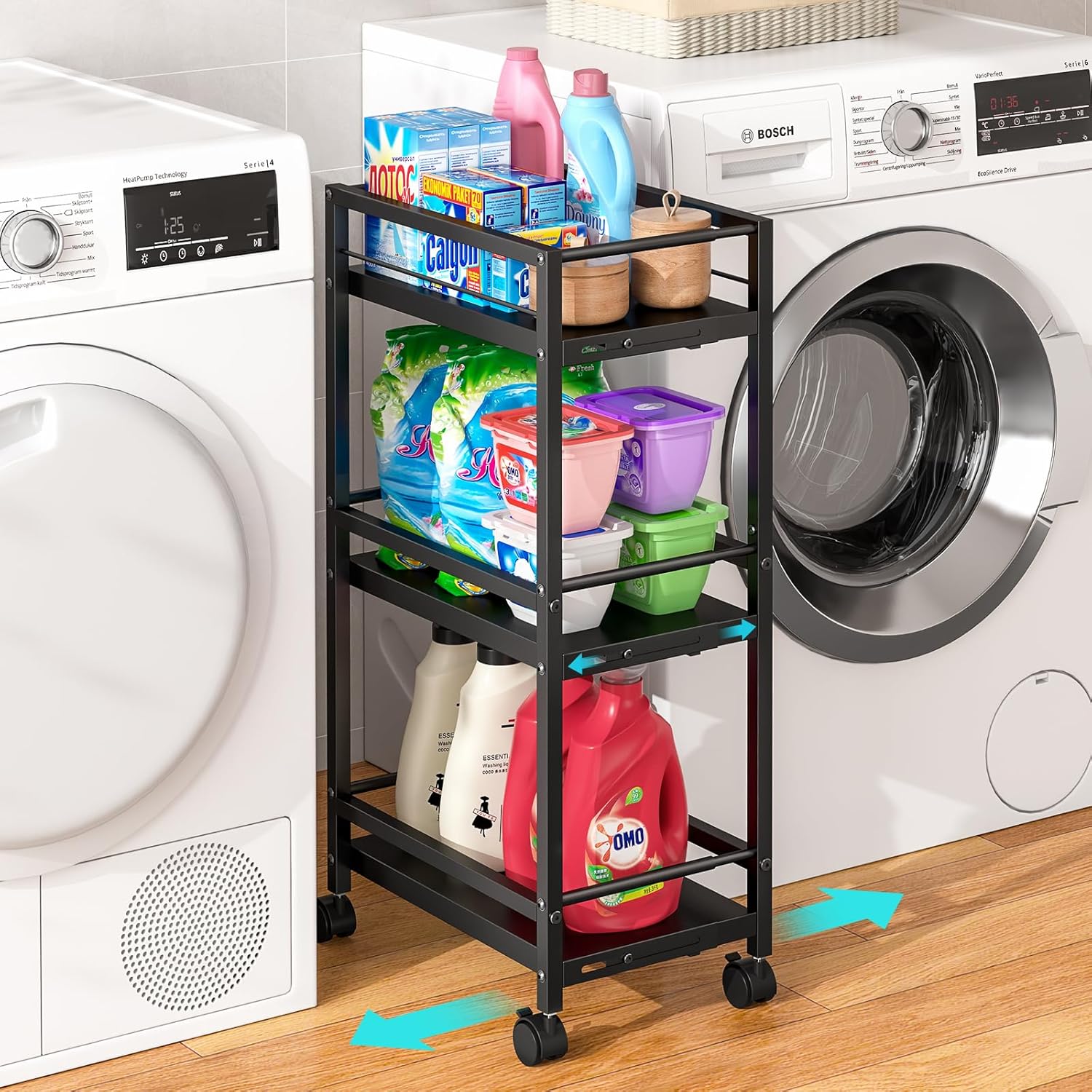 Expandable Slim Storage Cart for Small Spaces, 3-Tier Metal Shelving Unit with Wheels, Heavy-Duty Laundry Room Organization, Adjustable Narrow Storage Cabinet for Bathroom, Laundry Room, Kitchen