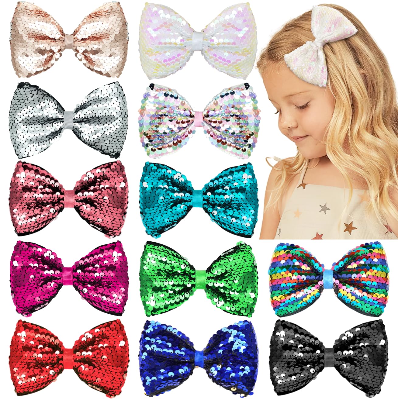 12 Colors Baby Girl Hair Clips 5 Inches Glitter Bow Clips Christmas Shining Hair Bow for Toddlers Girls Handmade Christmas Hair Accessories for Little Girls Kids