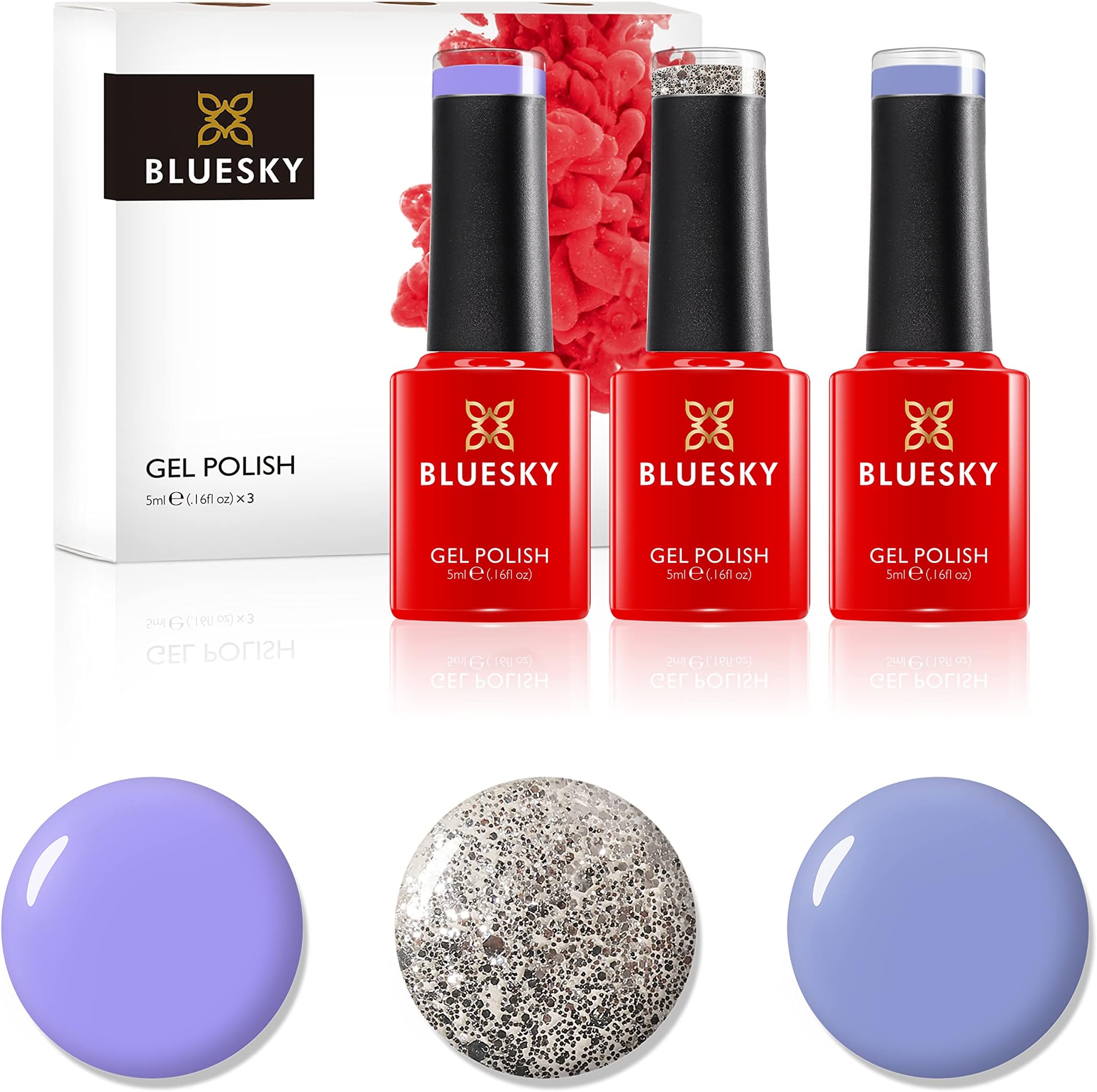 Bluesky Gel Nail Polish Set, Glass Slipper, Serenity KA1463, Wisteria Haze 80599, Aurora KS1050, 3 x 5 ml, Silver Glitter, Blue, Purple, Pastel (Requires Curing Under UV or LED Lamp)