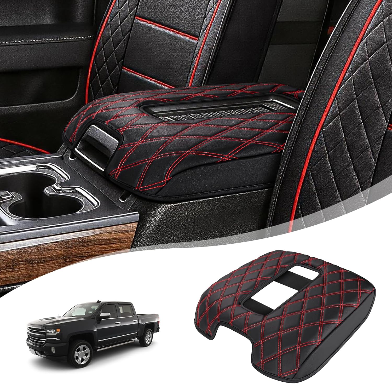 Center Console Armrest Cover for Chevy Chevrolet Silverado/GMC Sierra 2014-2018, Tahoe/Yukon/Suburban 2015-2020, PU Leather Middle Console Lid Protector Arm Rest Cushion Pad, Black/Red(Bucket Seat)