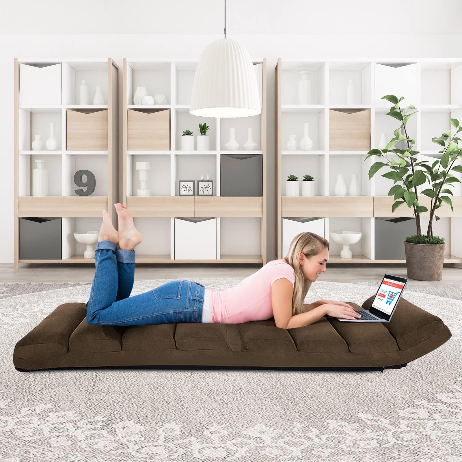 LIFEZEAL Sillón Relax Ajustable en 5 Posiciones, Sofá Relax de Suelo Plegable, Sofá Perezoso de Gamuza y Tejido Poliéster, Tumbona de Relajación con Capacidad de Carga de 120 KG (Marrón)