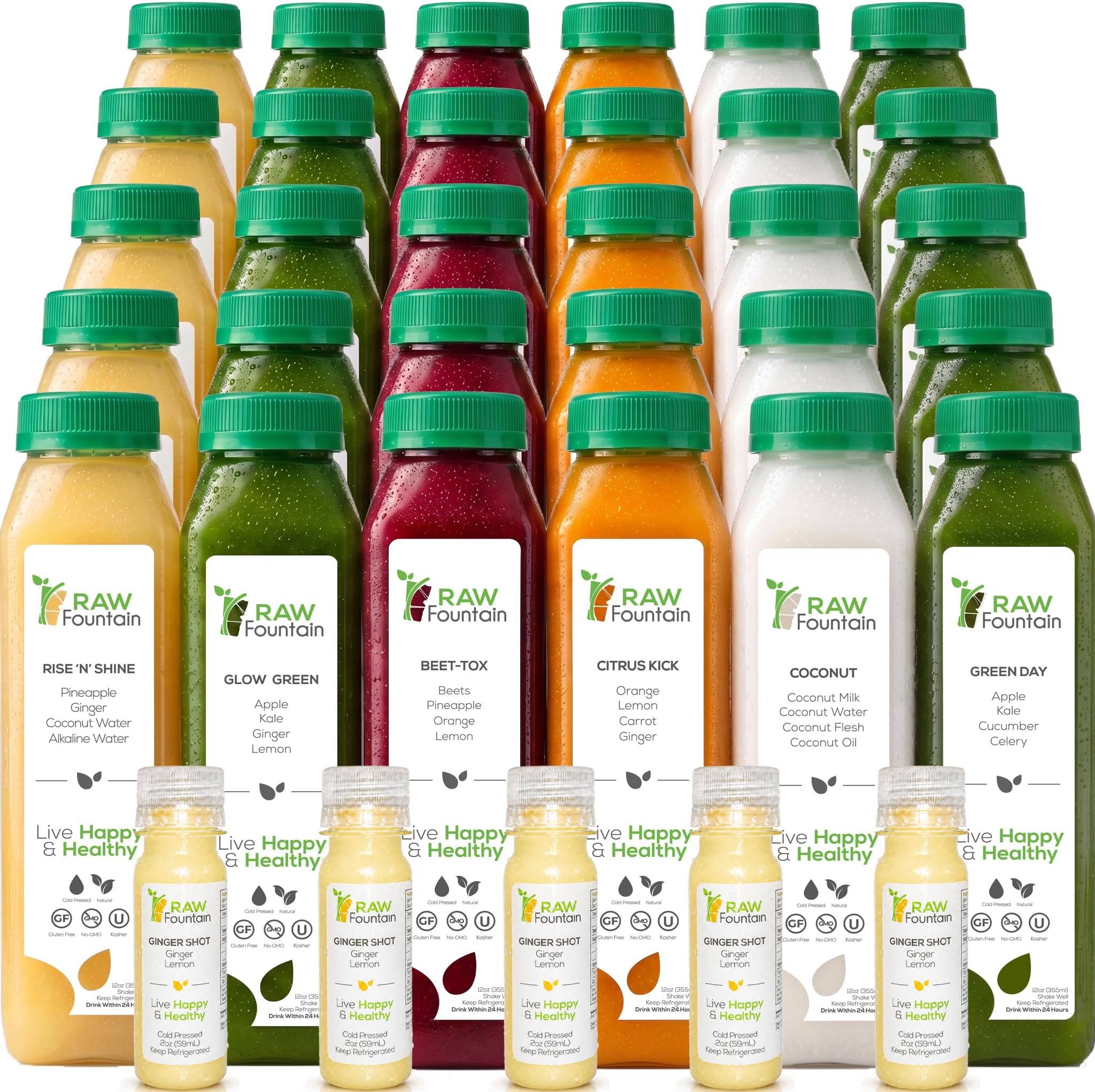 5 Day Juice Cleanse by Raw Fountain, All Natural Raw Detox Cleanse, Cold Pressed Juice Fast, Great Way to Jumpstart a Healthier Diet, Kosher, Vegan, NO Sugar Added, 30 Bottles 12oz, 5 Ginger Shots 2oz