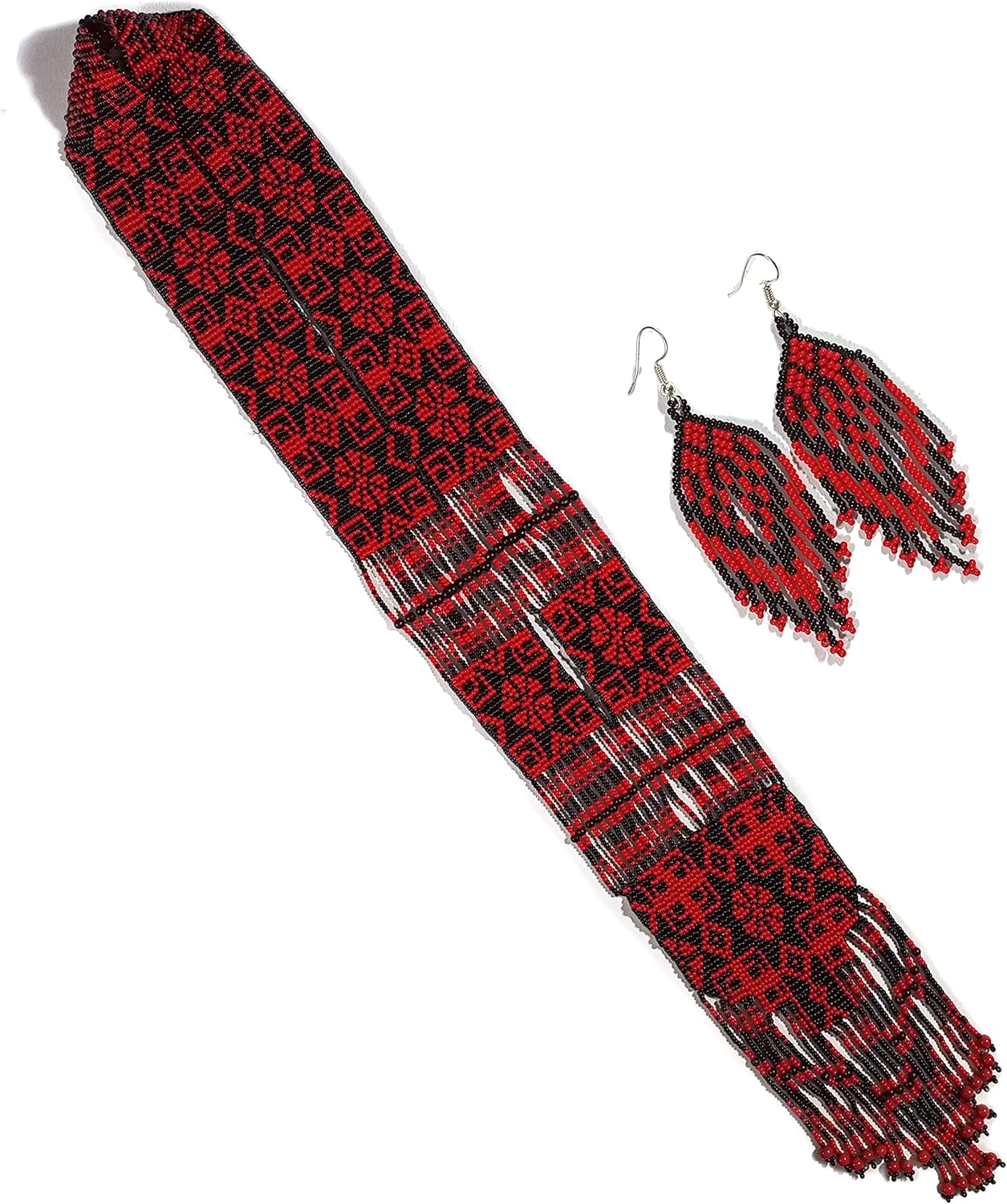 Native American Style beaded necklace for women Boho Statement Designer Jewelry Handmade Seed bead Long with earrings (#2)