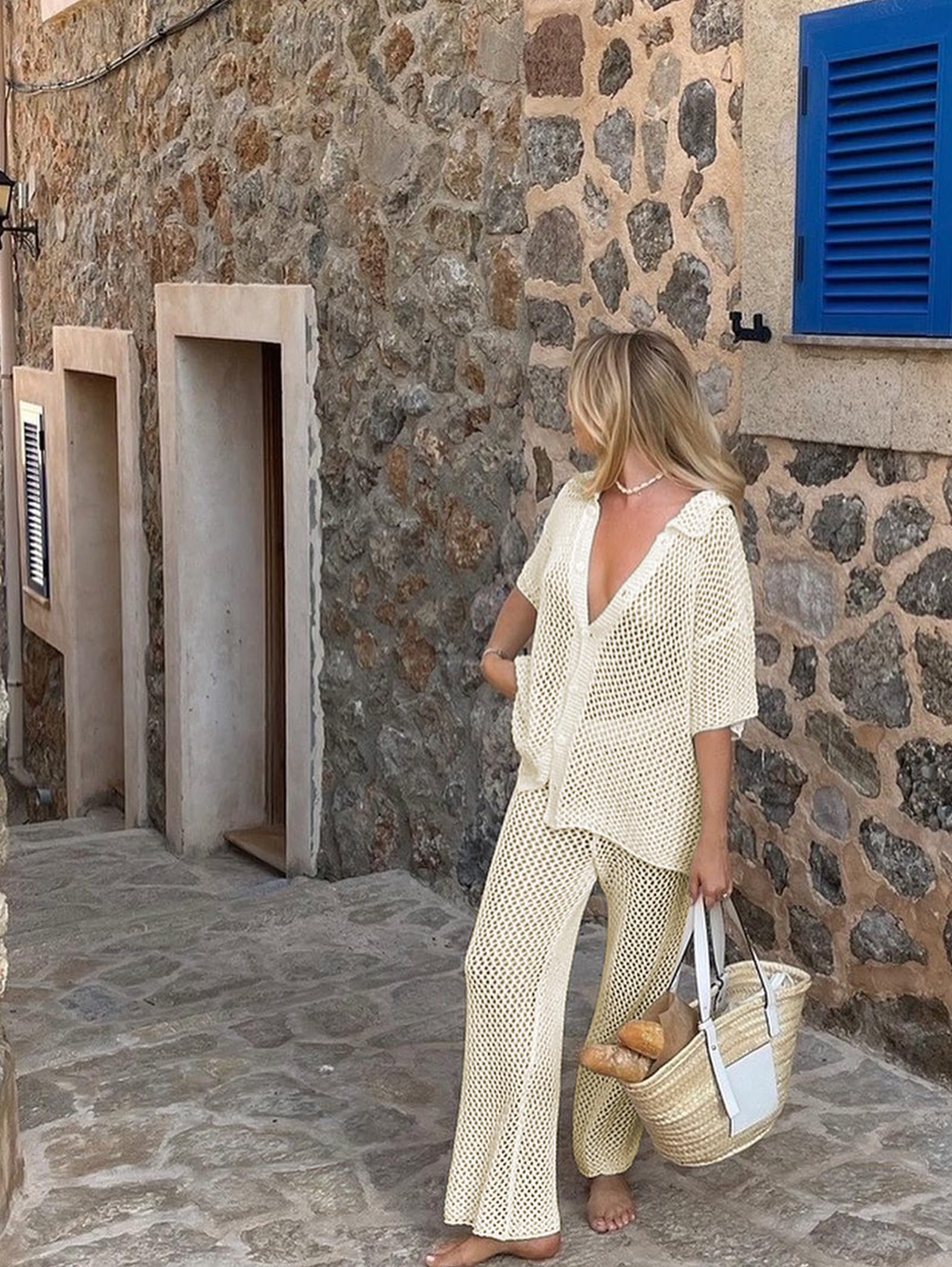 Famulily Womens Sexy Hollow Out Swimsuit Cover Up Crochet Net Beach Sets Button Down Shirt and Wide Leg Pant Matching Sets