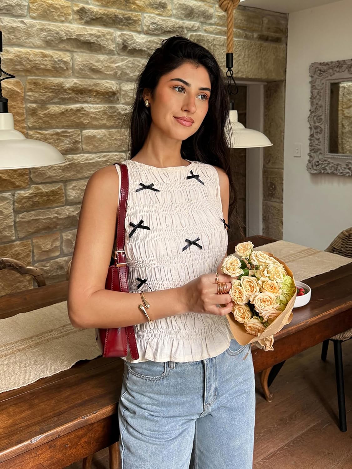 SweatyRocks Women's Y2k Pleated Bow Round Neck Top Sleeveless Slim Fit Tank Tops Outfits - Image 3