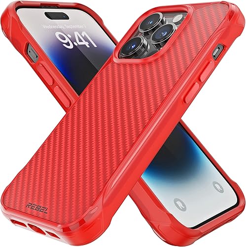 REBEL Funda para iPhone 14 Pro fibra de aramida roja Gen-4 Fuerte compatible con MagSafe, esquinas protectoras a prueba de golpes, botones de metal,