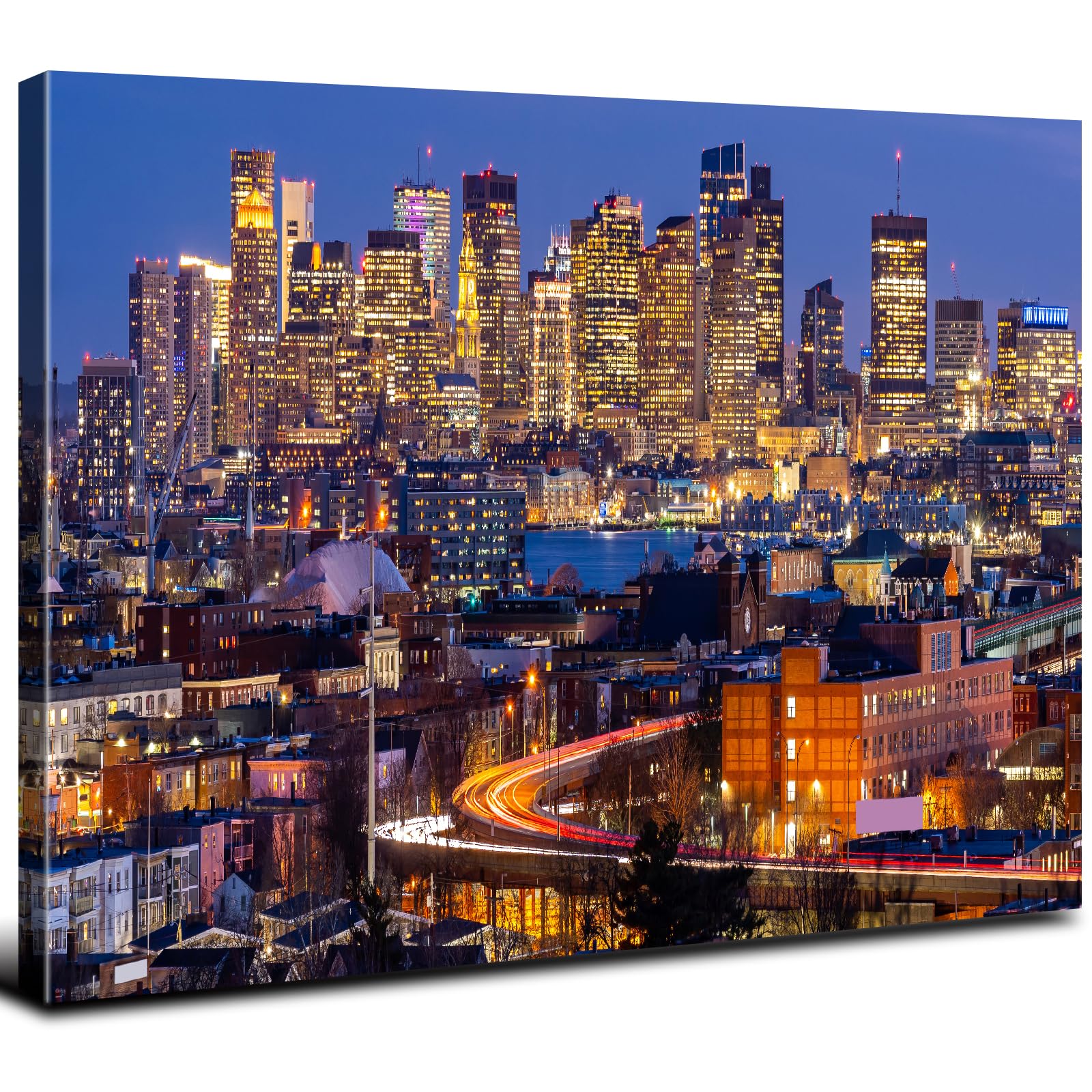 Boston Skyline Wall Art Colorful Night Boston Photography Wall Decor for Living Room USA City Building Poster Modern Cityscape Canvas Prints Picture