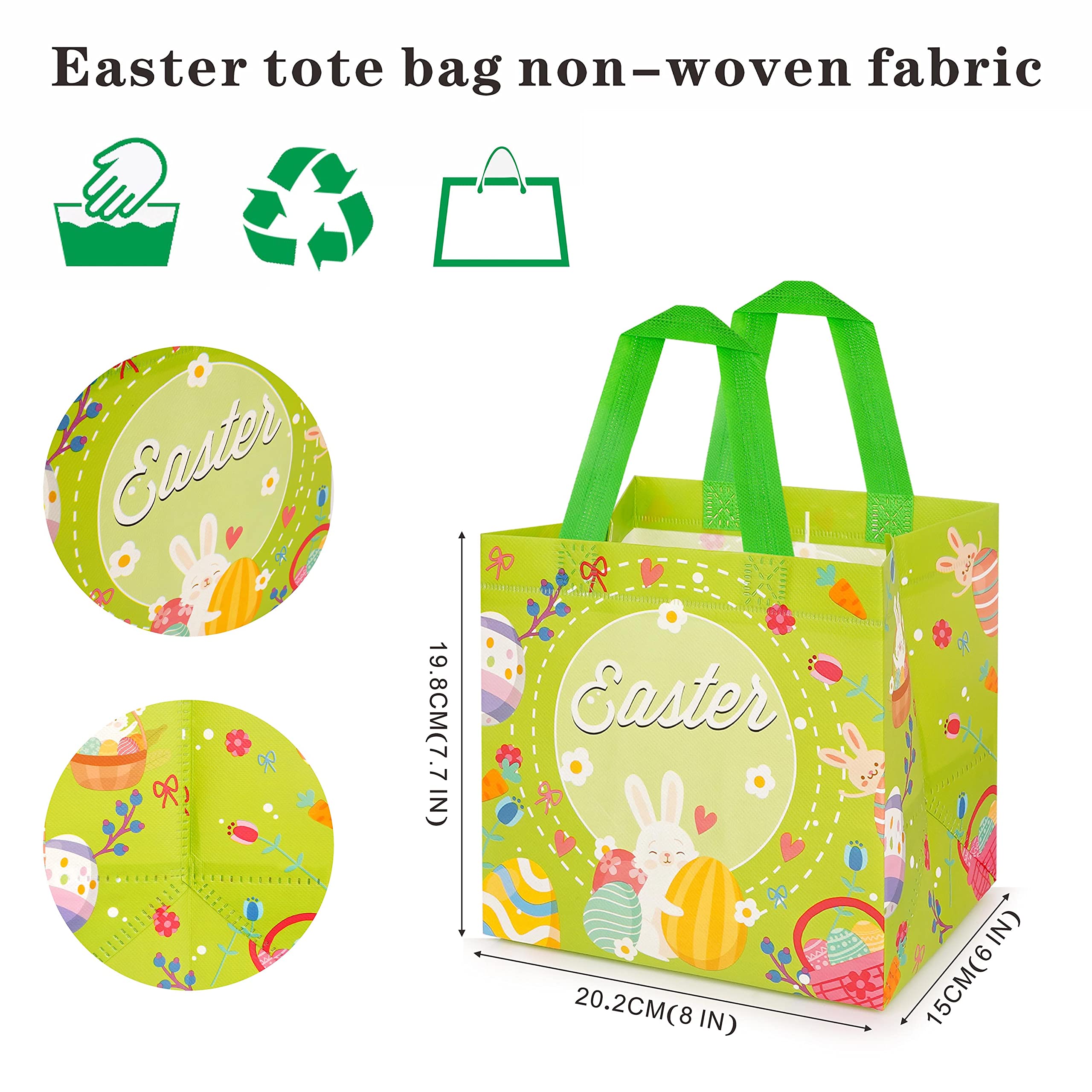 ANOTION Easter Gift Bags, 12 Packs Easter Bags for Kids Easter Treat Bags with Handle, Reusable Easter Goodie Bags Non-woven Rabbit Bunny Bag with 12 Tissue Papers for Easter Party Favors