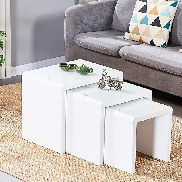 AINPECCA Nest of Tables High Gloss Nesting Tables with Tempered Glass Top Coffee Tables 3 Pieces End Table Set