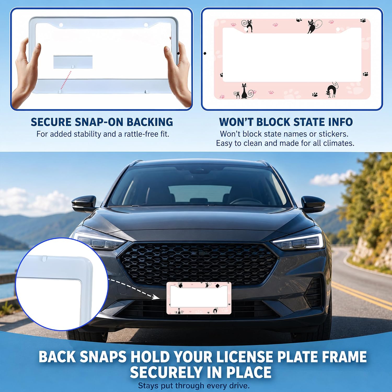 Pink Black Cat Paw Print License Plate Frame Cute Aluminum Car Tag Cover image 5