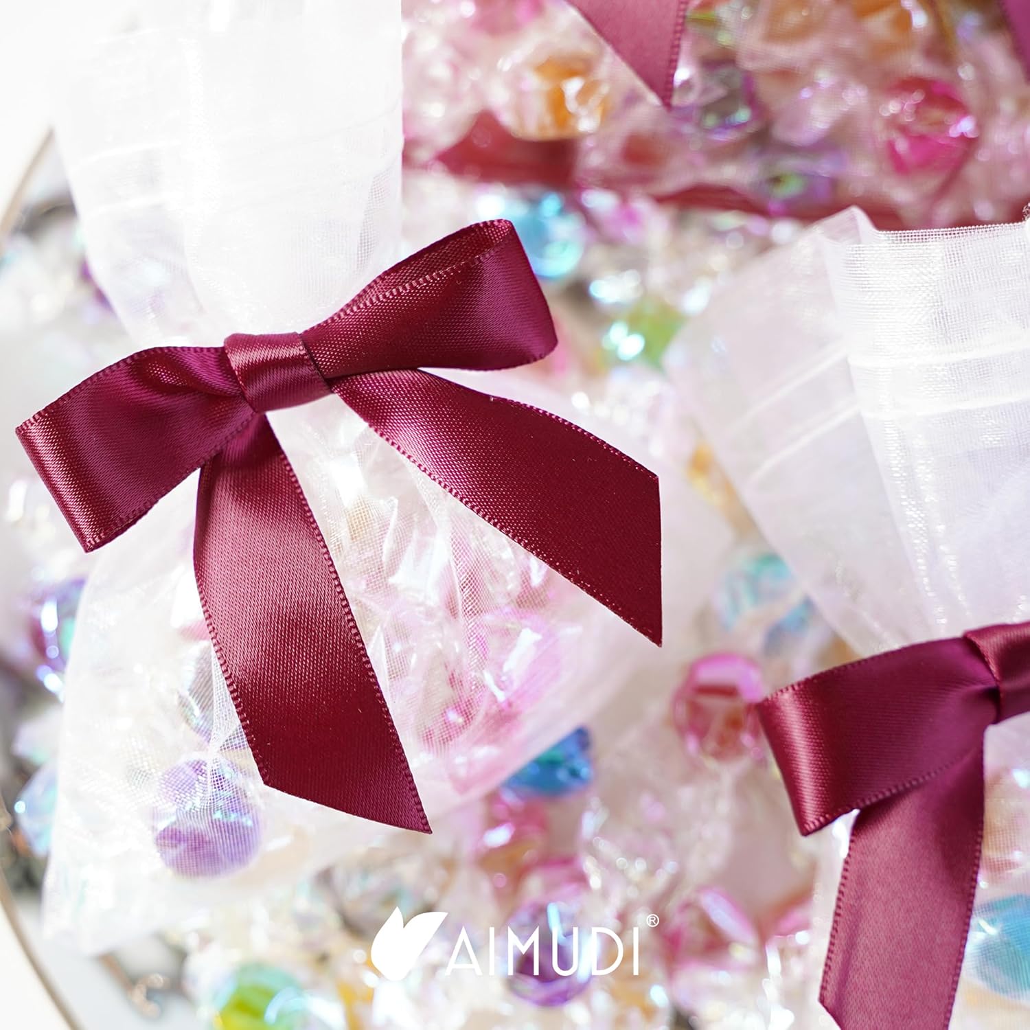 AIMUDI Burgundy Twist Tie Bows - 2.5" Pre Tied Maroon Bows - Premade Satin Gift Bows for Crafts, Wine, Treat Bags, Gift Wrapping, Wedding, Baby Shower, Party Favors, Christmas Tree Decor - 50 Counts - Image 9