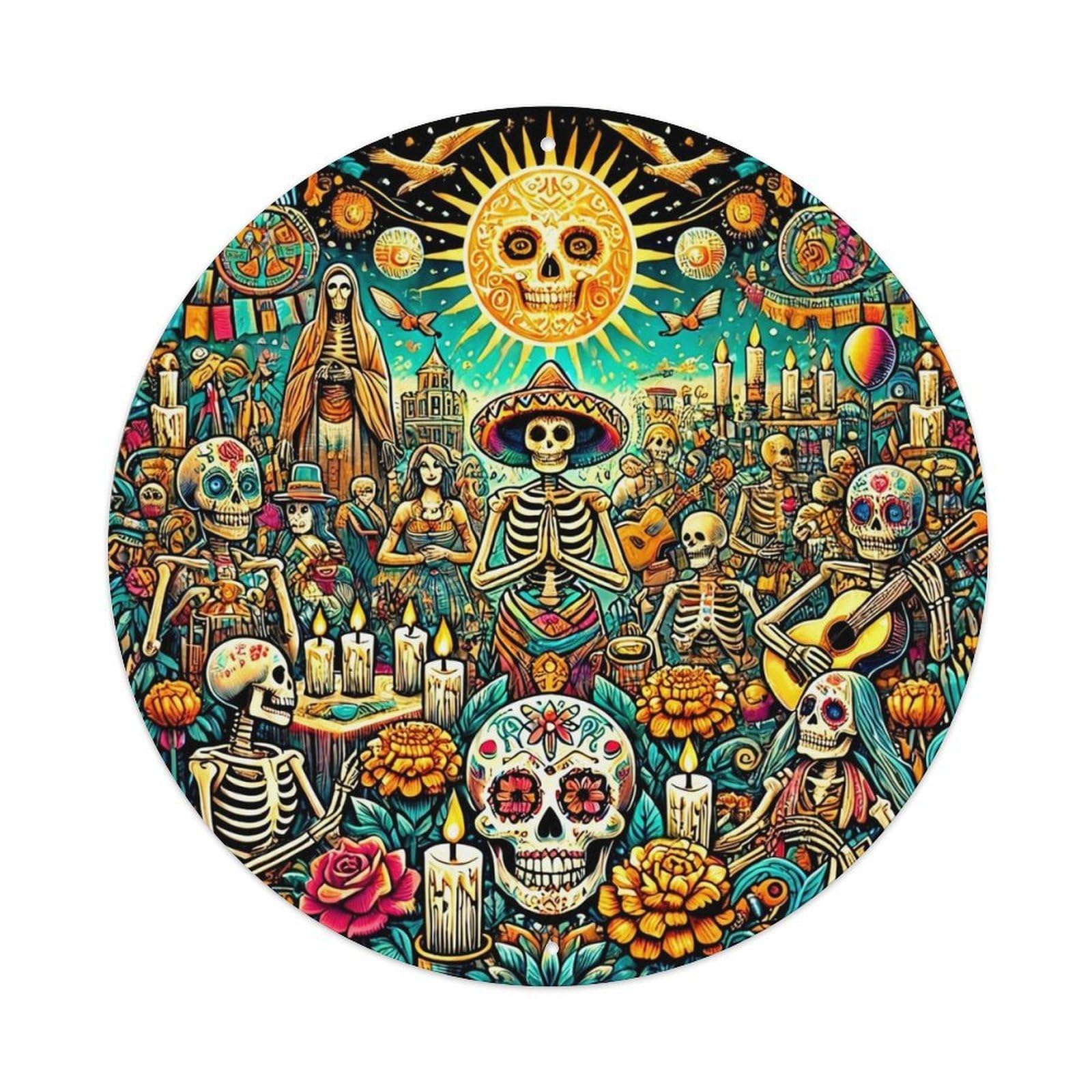 Day Of The Dead Art_1 Vintage Round Tin Sign Retro Metal Wall Decor Metal Poster, Home Bar Garage Cafe Wall Art Decoration 8x8Inches