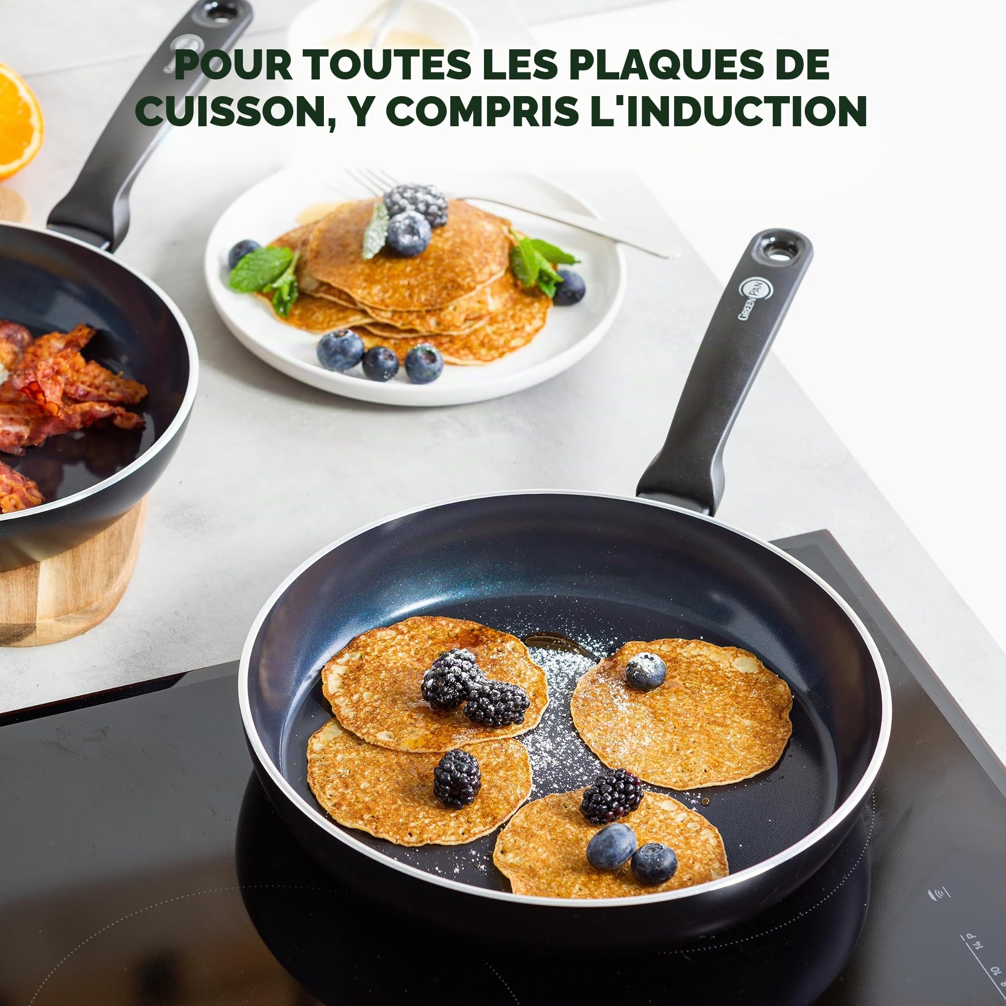 GreenPan Torino Set de Poêles à Frire Antiadhésive 3 pièces en Céramique Saine, 20 cm, 24 cm & 28 cm, Sans PFAS, Induction, Va au four jusqu'à 160°C, Lavable au lave-vaisselle, Noir