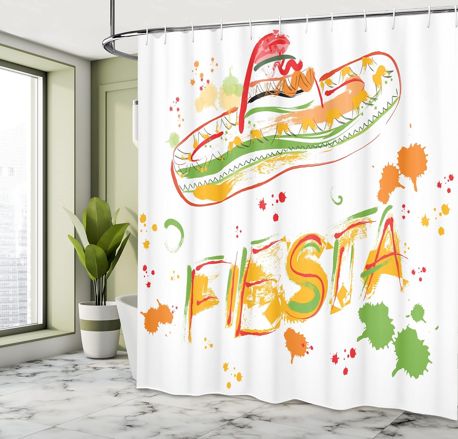 Ambesonne Mexican Shower Curtain, Hand Drawn Fiesta and Sombrero Straw Hat Motifs with Watercolors Splashes Image, Cloth Fabric Bathroom Decor Set with Hooks, 69" W x 70" L, Green Orange