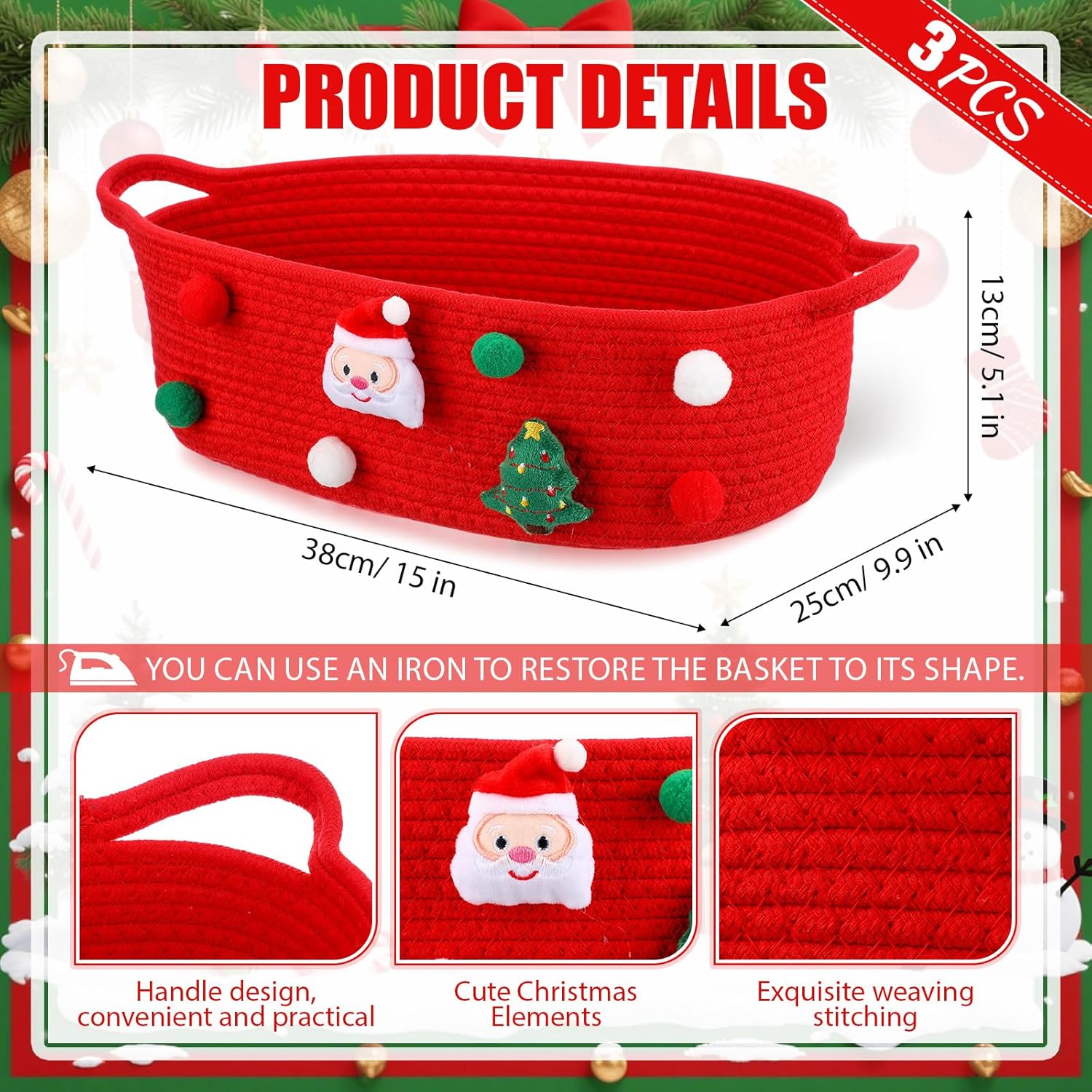 3 Pack Christmas Gift Basket Empty 15 x 9.9 x 5.1 Inch Santa Red Christmas Storage Bin with Handles, Woven Cotton Rope Basket for Gifts Holiday Treats Party Supplies, Home Xmas Decorations