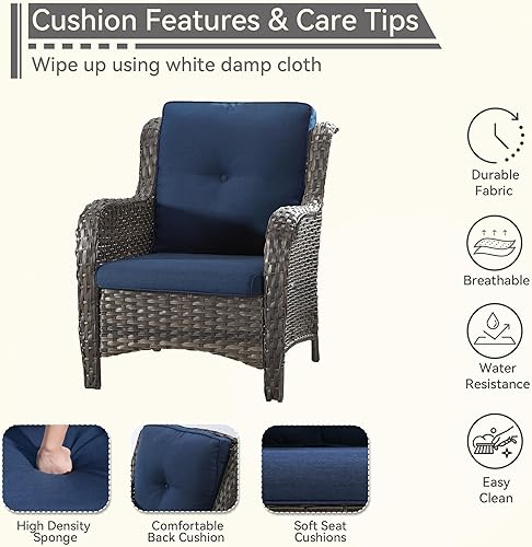 Miniatura 5 de Juego de 2 sillas de patio, juego de muebles de mimbre para patio al aire libre con cojines de olefina gruesos, respaldo alto y asientos profundos,