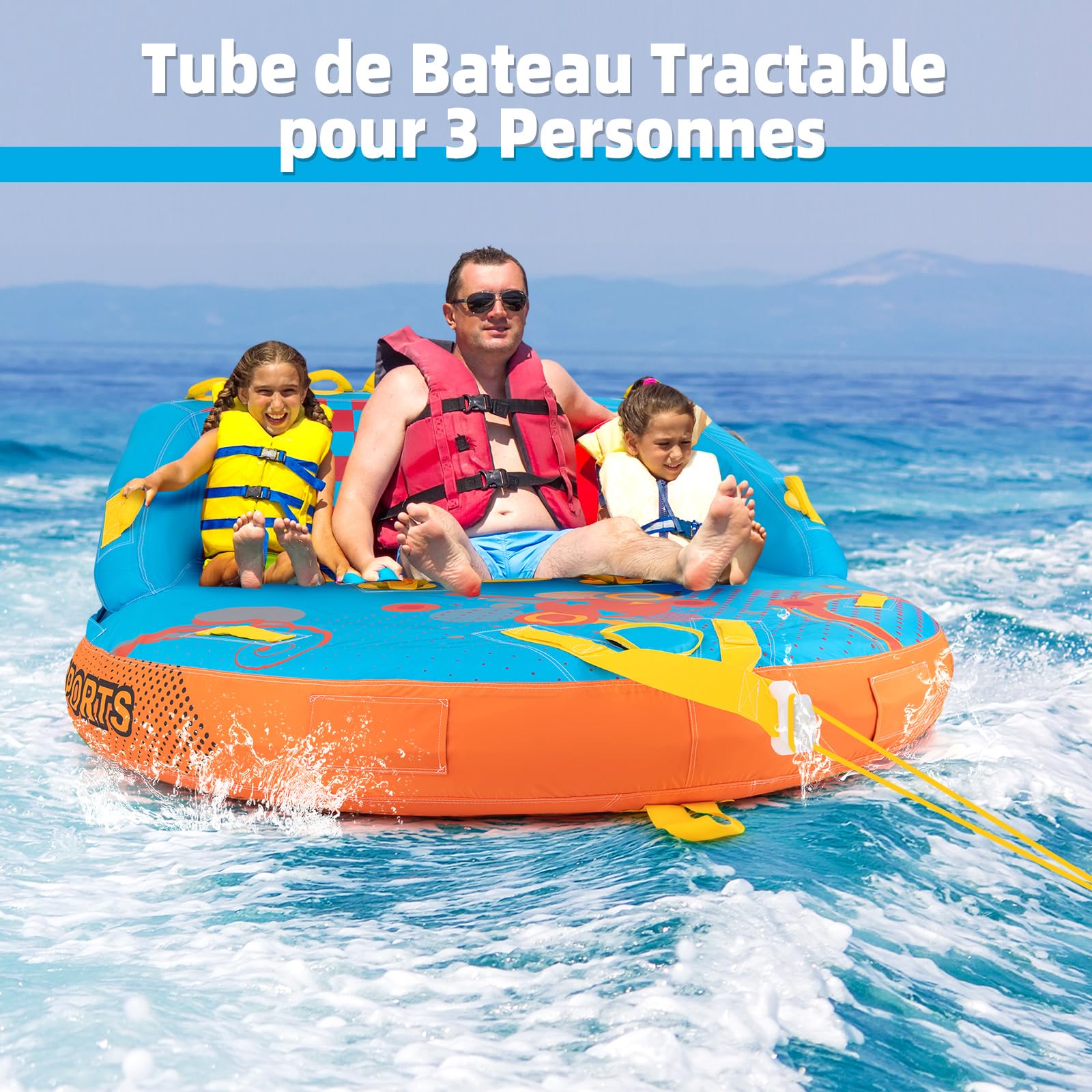 COSTWAY Bouée Tractée Gonflable pour 3 Personnes Charge 300KG, Gonflable Bateau Remorquable Housse en Nylon avec 2 Points de Remorquage, pour Sports Nautiques, 193 x 189 x 82 cm