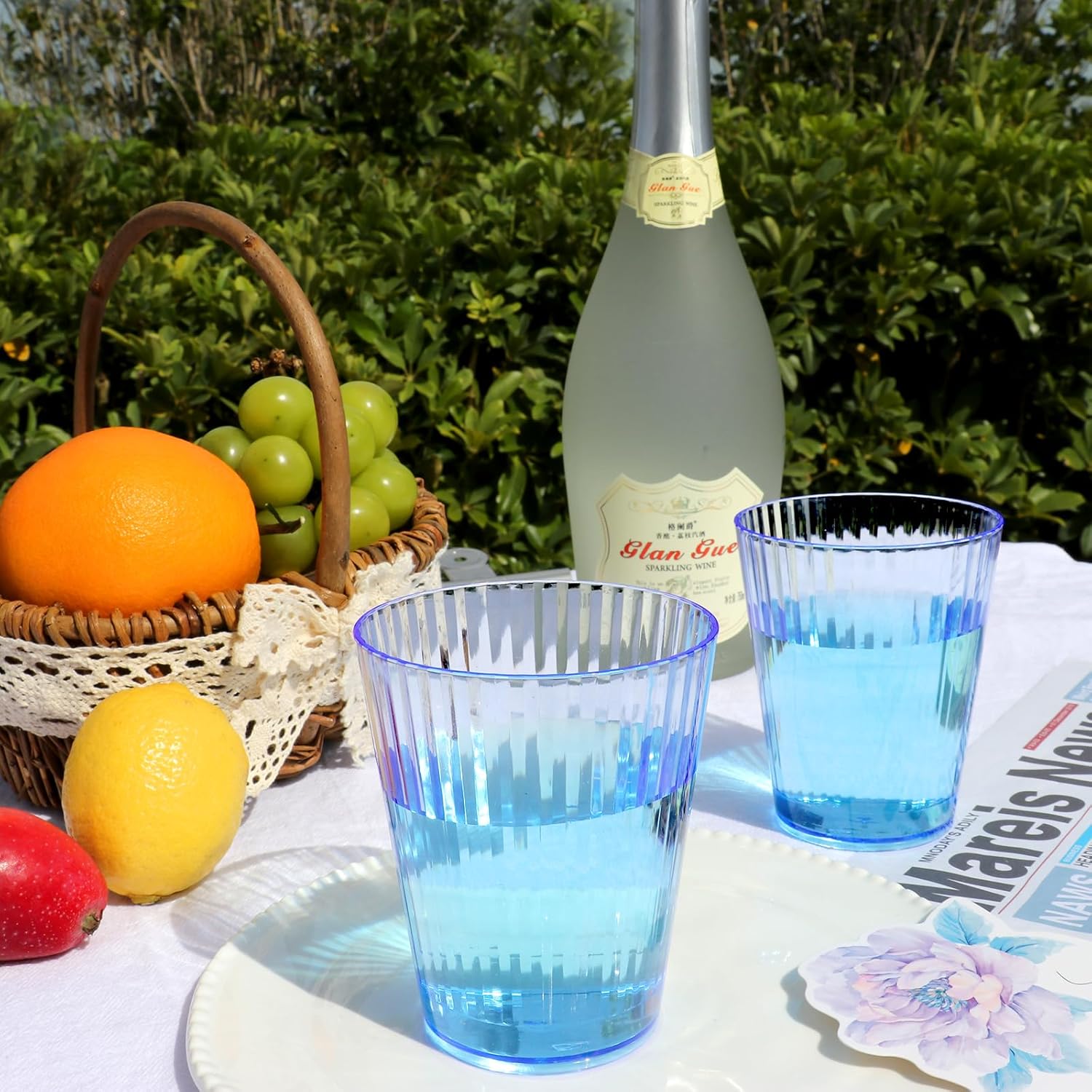 48 PCS Plastic Ribbed Drinking Glasses 10oz Blue Unbreakable Vintage Ripple Stemless Wine Glasses Cocktail Tumbler Glass Cups Disposable Retro Glasses Drinkware for Wedding Baby Shower Birthday Party