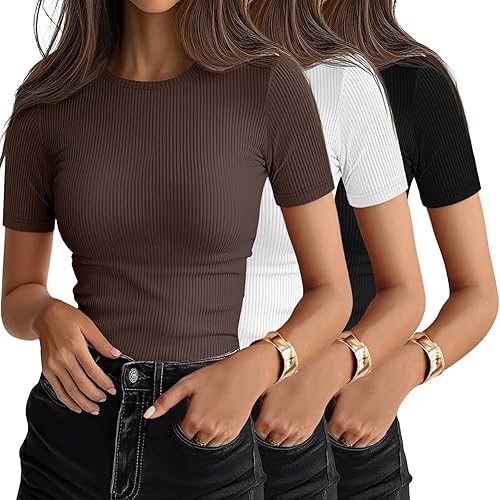 Ficerd 3 Pack Women's Ribbed T-Shirts, Cotton Short Sleeve Basic Tees Crewneck Fitted Tops Casual Shirts 2025 Summer Trendy