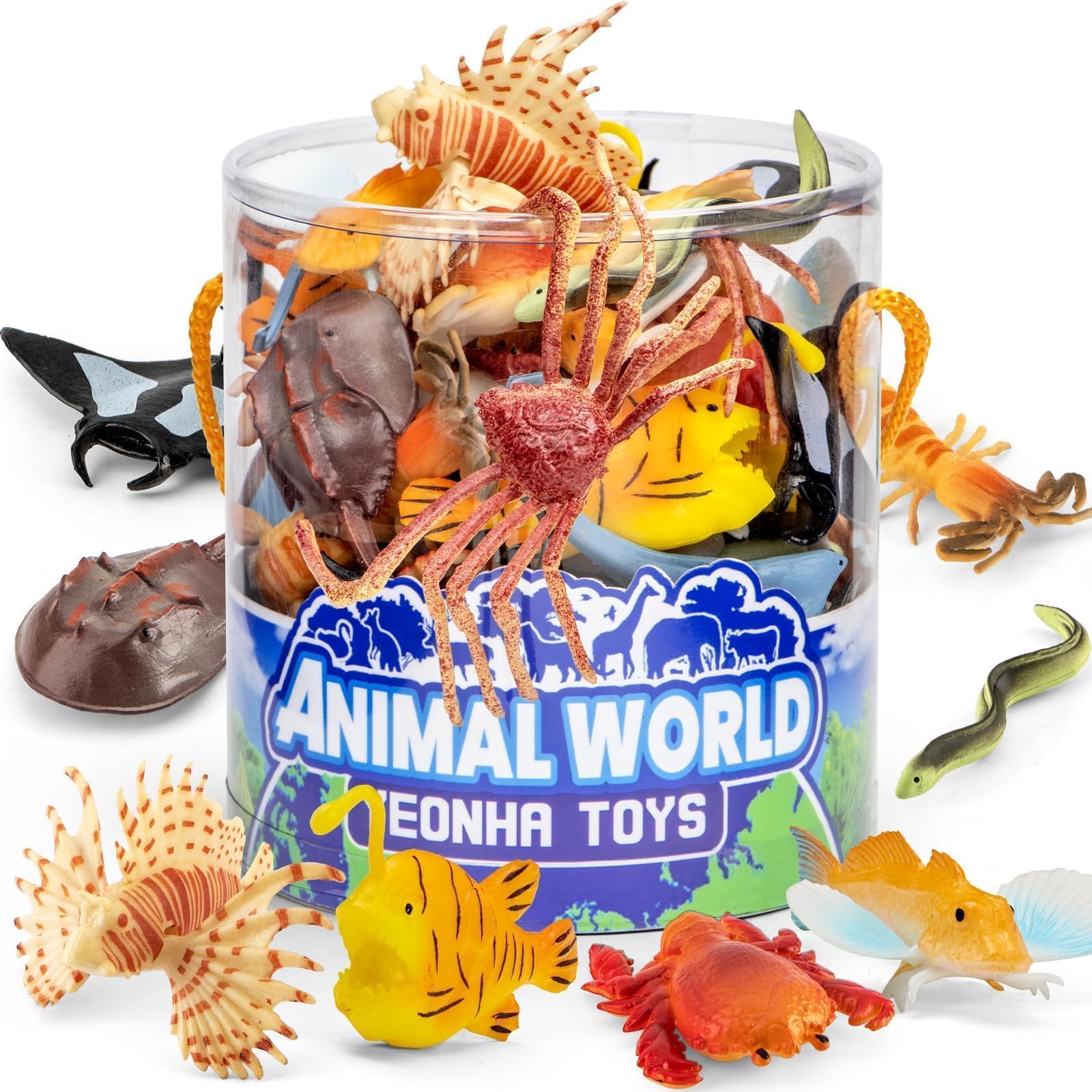Photo 1 of Sea Animals Toys with Gift Box, 48 Piece Mini Vinyl Plastic Ocean Animal Figure, Sea Creatures Themed Sensory Bins, School Project, Birthday Cupcake Topper Party Supplies, Preschool Toys for Kids