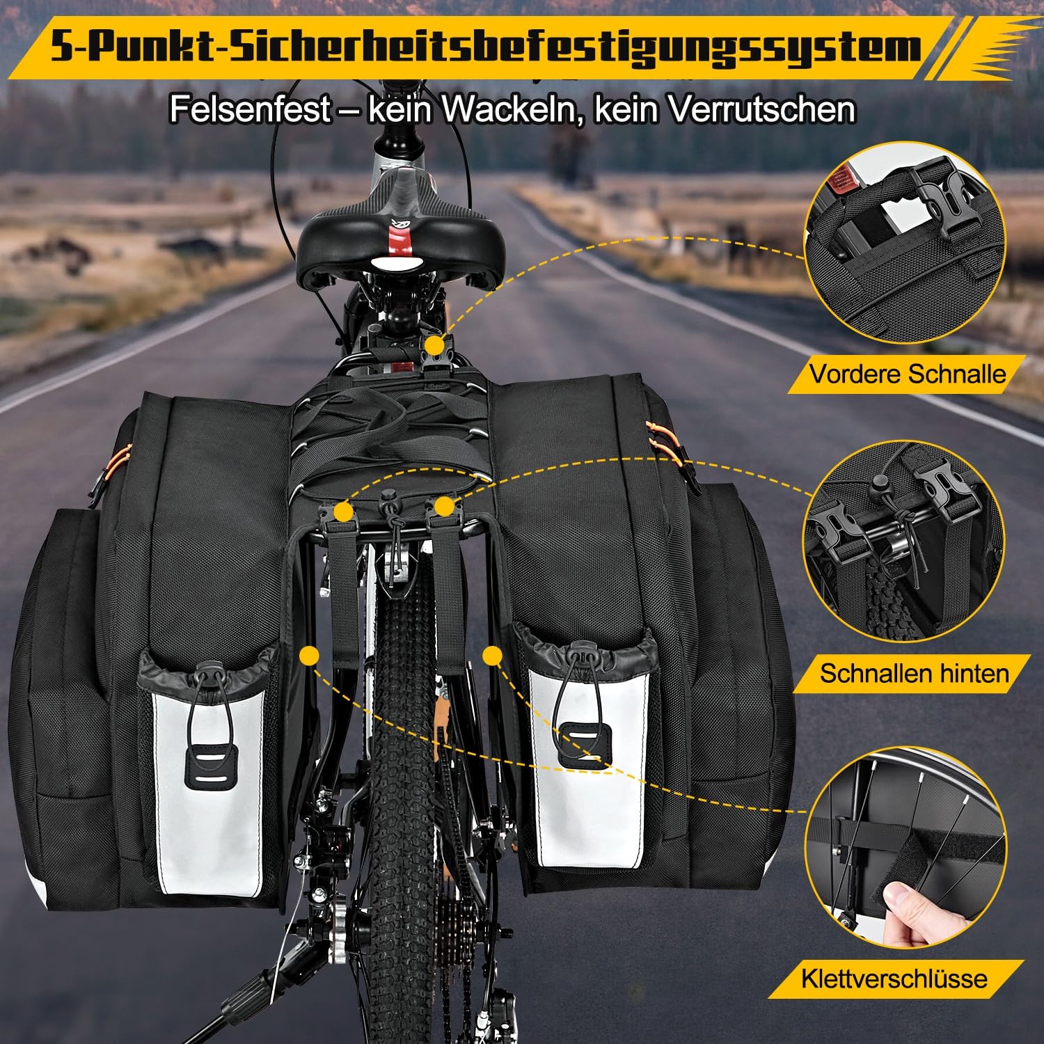 WOTOW Fahrrad-Satteltasche - 36L Wasserfeste Fahrrad-Heckgepäcktasche mit Reflektierenden Streifen und Griffen, Elektrische Fahrradsatteltaschen für Radfahren, Reisen und Pendeln
