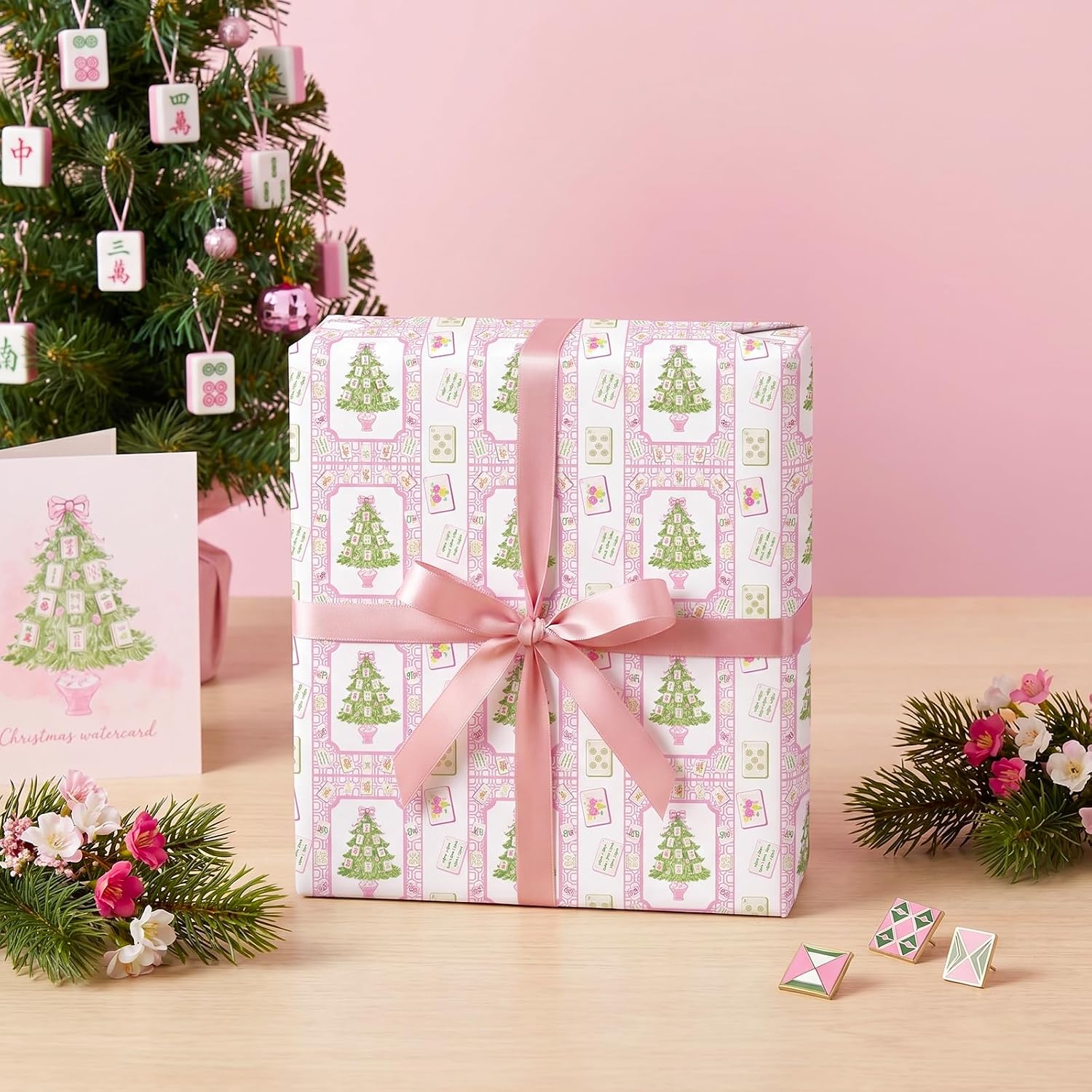 WRAPAHOLIC Mahjong Funny Christmas Wrapping Paper - Mini Roll - 17 Inch x 16.5 Feet - Watercolor Christmas Tree with Chinoiserie Mahjong Wrapping Paper for Girls Women, Xmas Holiday, Winter Season image 5
