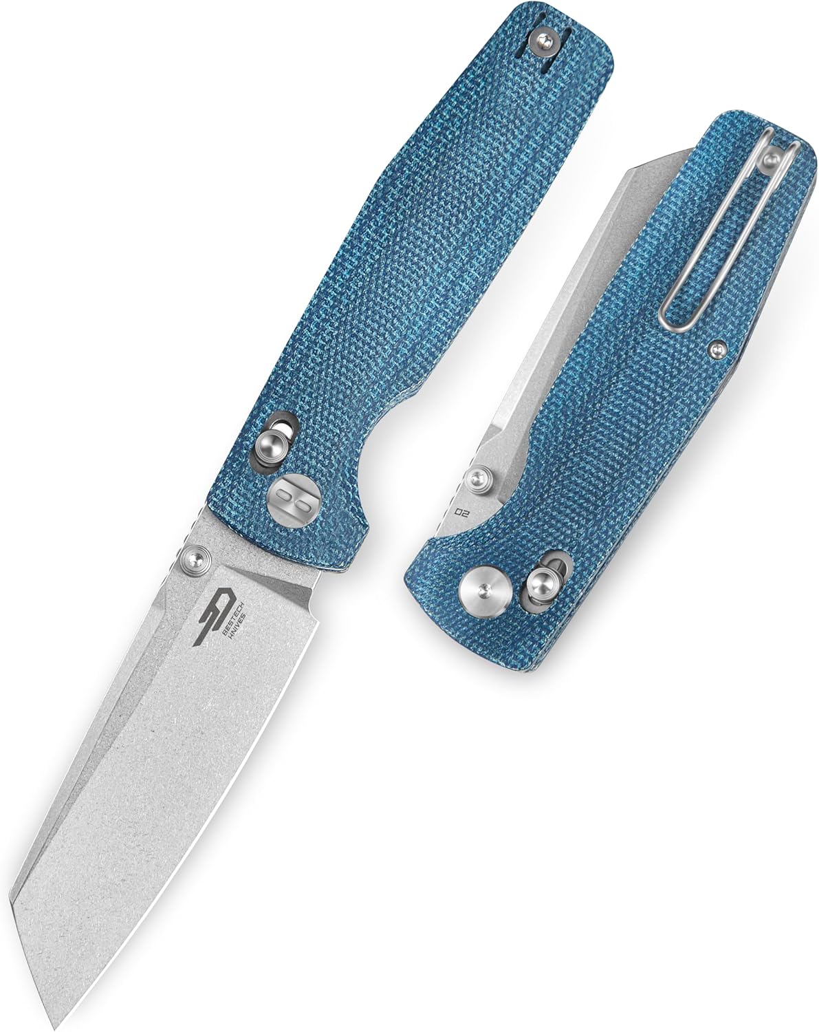 BESTECH KNIVES Pocket Folder Folding Knife: 3.5" D2 Steel Cleaver Stonewashed Blade, Micarta Scales, Thumbstud, B-Lock, EDC Steel Wire Clip (Blue)