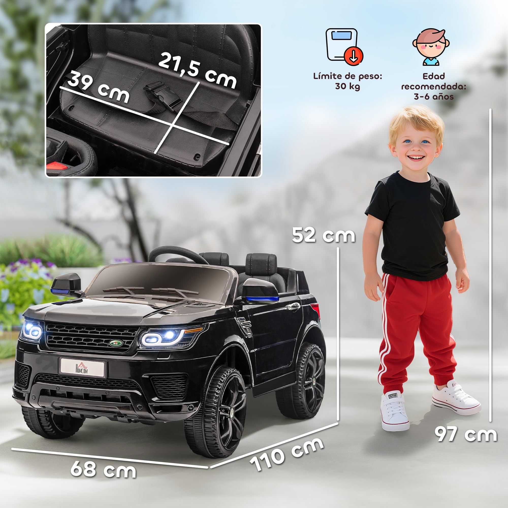 HOMCOM Coche Eléctrico SUV para Niños de 3-6 Años Coche de Batería 12V con 2 Motores Mando a Distancia Faros Bocina Música USB y Apertura de Puerta 3-5 km/h 110x68x52 cm Negro