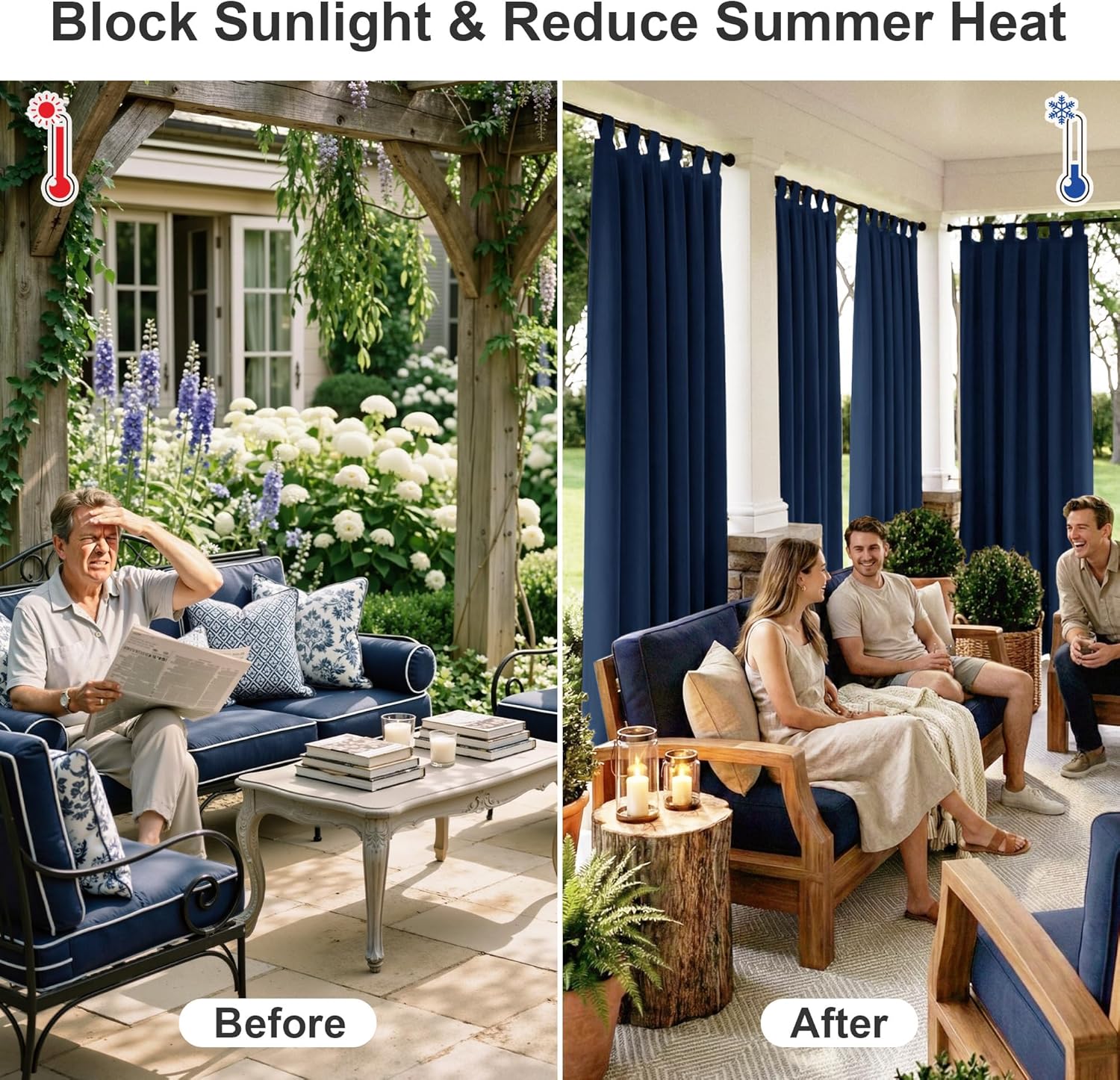RYB HOME Outdoor Curtains for Patio Waterproof Tab Top Block Sunlight Thermal Insulated Privacy Assured Thick Outside Curtains for Porch, Pergola, Pool, W52 x L84, Navy Blue, 1 Panel