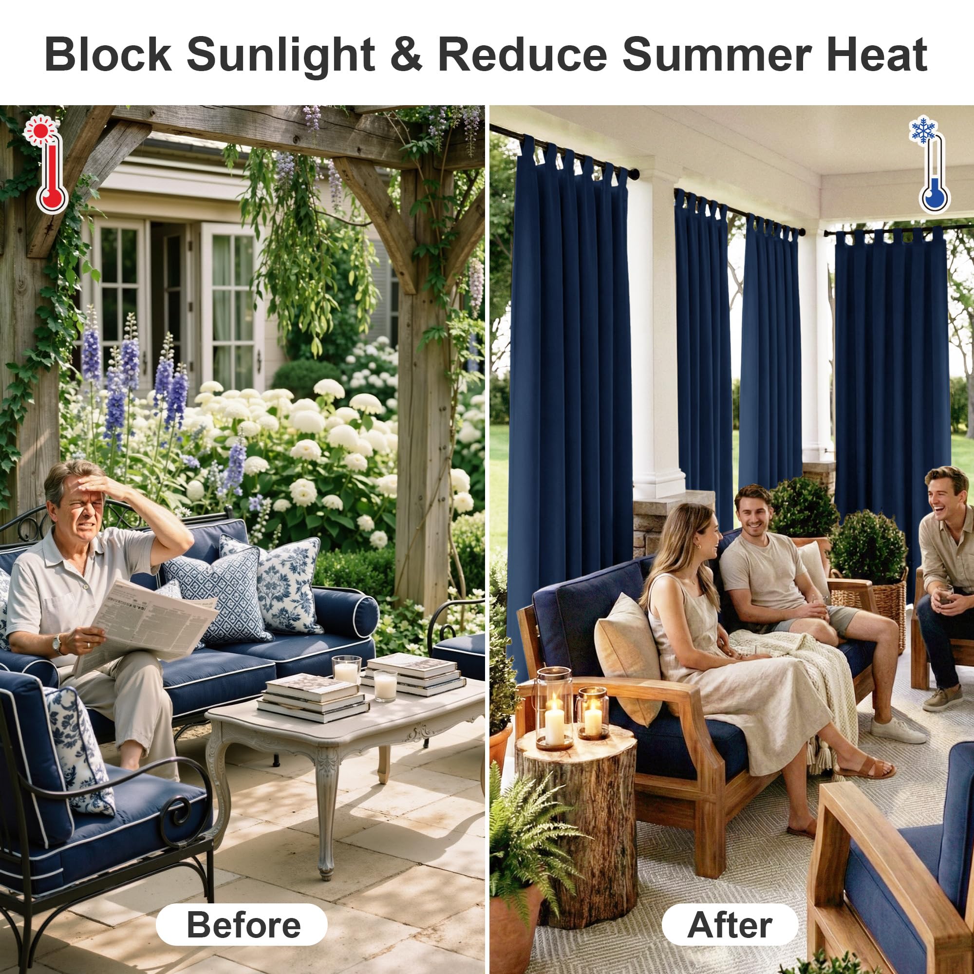 RYB HOME Waterproof Outdoor Curtains 84 inches Long, Water & Stain Resistant Windproof Drapes Blackout Outside Curtains for Gazebo Porch Cabana, W52 x L84 inches, 1 Panel, Navy Blue - 2