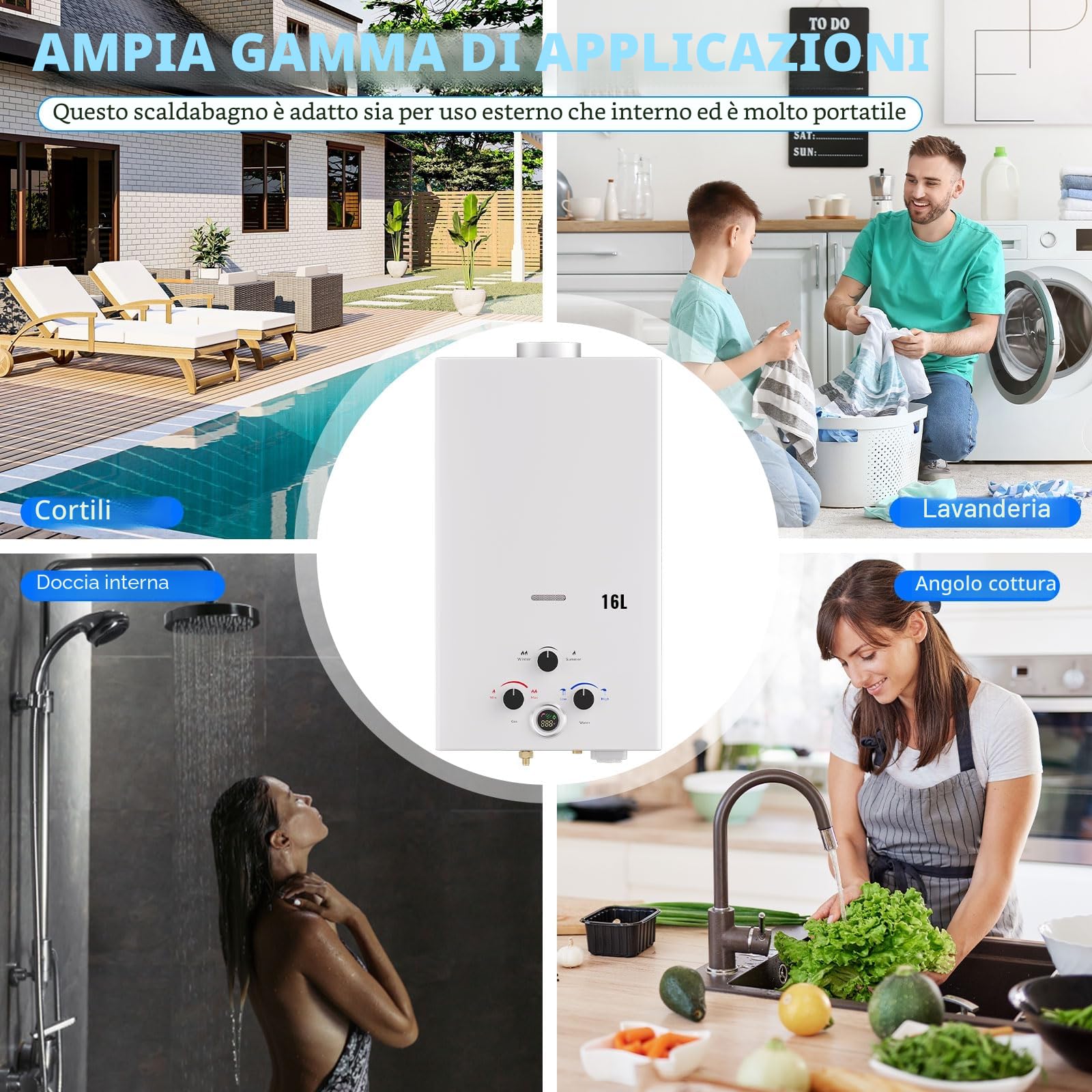 Scaldabagno a Gas 16L, All'aperto Portatile Scaldabagno Istantaneo a Propano con Display Digitale Multi-Protezione, Parete senza Serbatoio Scaldacqua Istantaneo Automatico, bianco