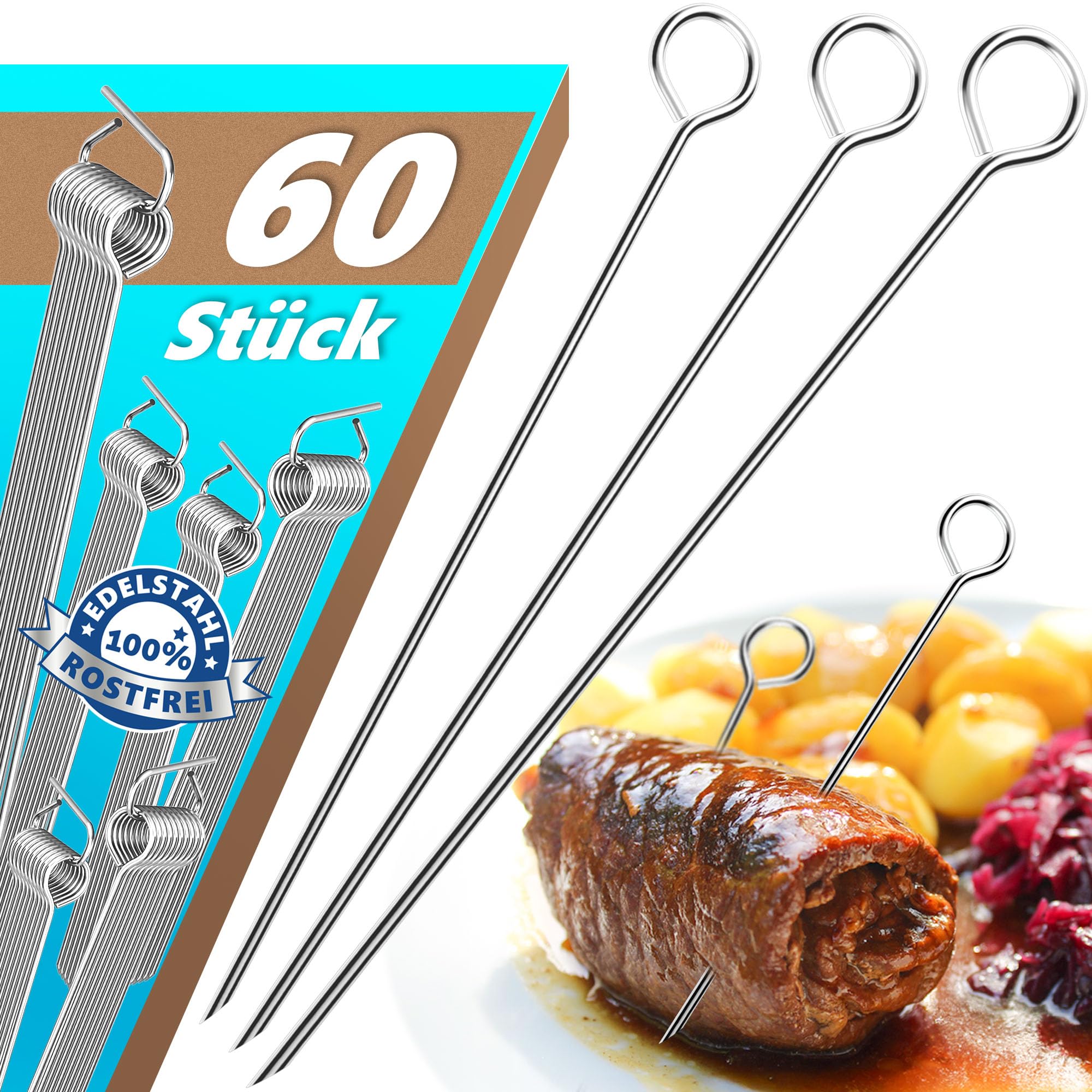Menz Rouladennadeln, SET - 60 Stück Rouladennadeln Edelstahl rostfrei, 10 cm lange Rouladenspieße mit Grifföse und scharfer Spitze als praktischer Ersatz für Rouladenklammern