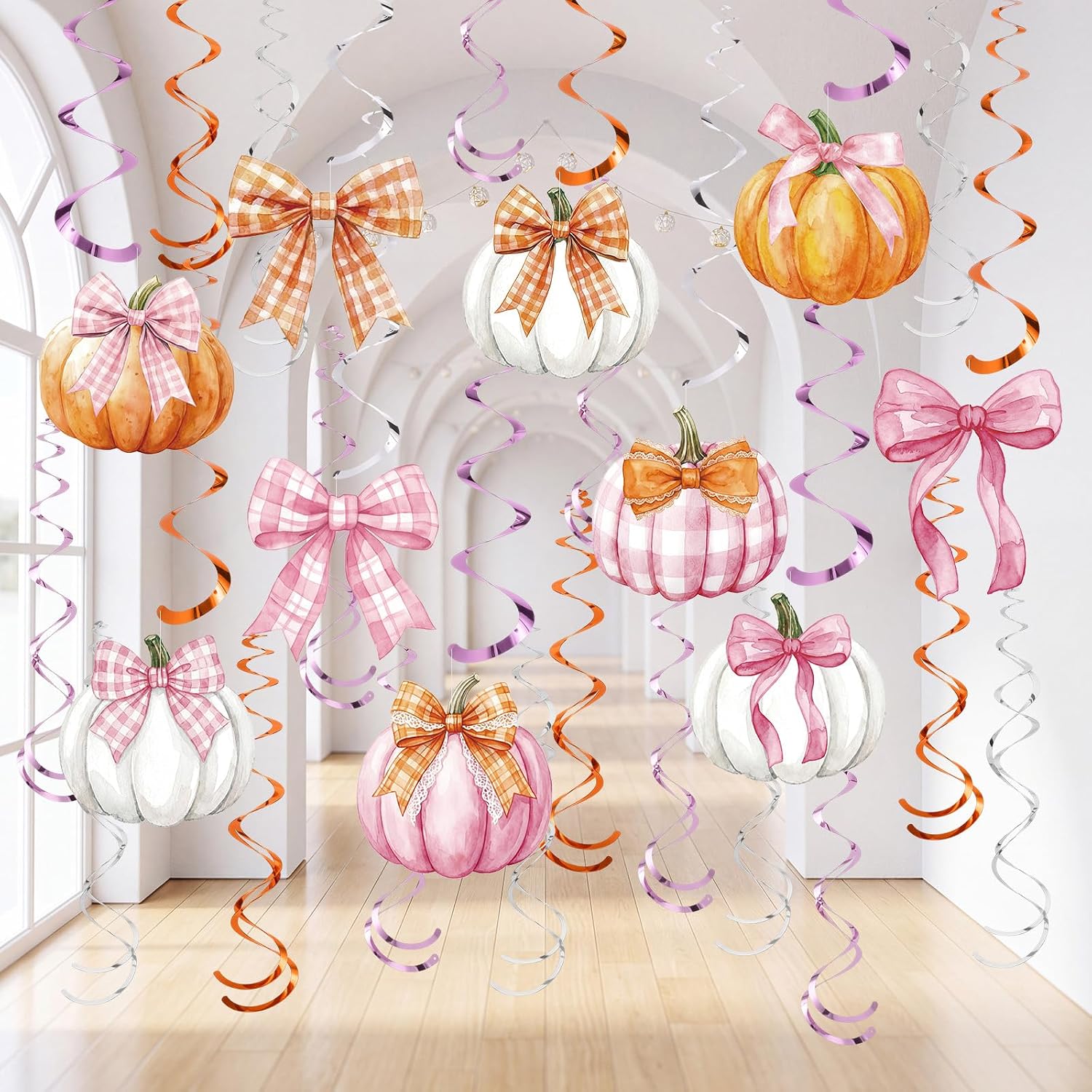 Landhoow 50 Pcs Fall Pink Orange Pumpkin Hanging Swirl Party Decor
