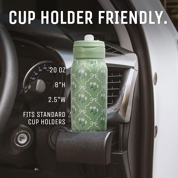 Mayim 20oz Insulated Stainless Steel Water Bottle with Removable Straw, Leakproof Lid & Oversized Carry Loop, Cup Holder Friendly (Sage Botanical Tile)