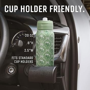 Mayim 20oz Insulated Stainless Steel Water Bottle with Removable Straw, Leakproof Lid & Oversized Carry Loop, Cup Holder Friendly (Sage Botanical Tile)