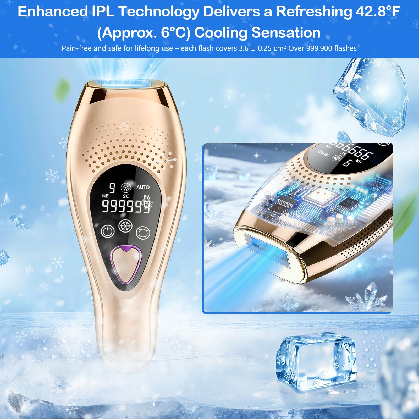 Schmerzfreies IPL Haarentfernungsgerät mit 6℃ Eiskühlsystem, 3‑in‑1 Funktionen (HR/SC/RA), 999.900 Lichtimpulse, 9 Energiestufen. Für Damen & Herren geeignet an Gesicht, Achseln, Armen & Bikini-Zone.