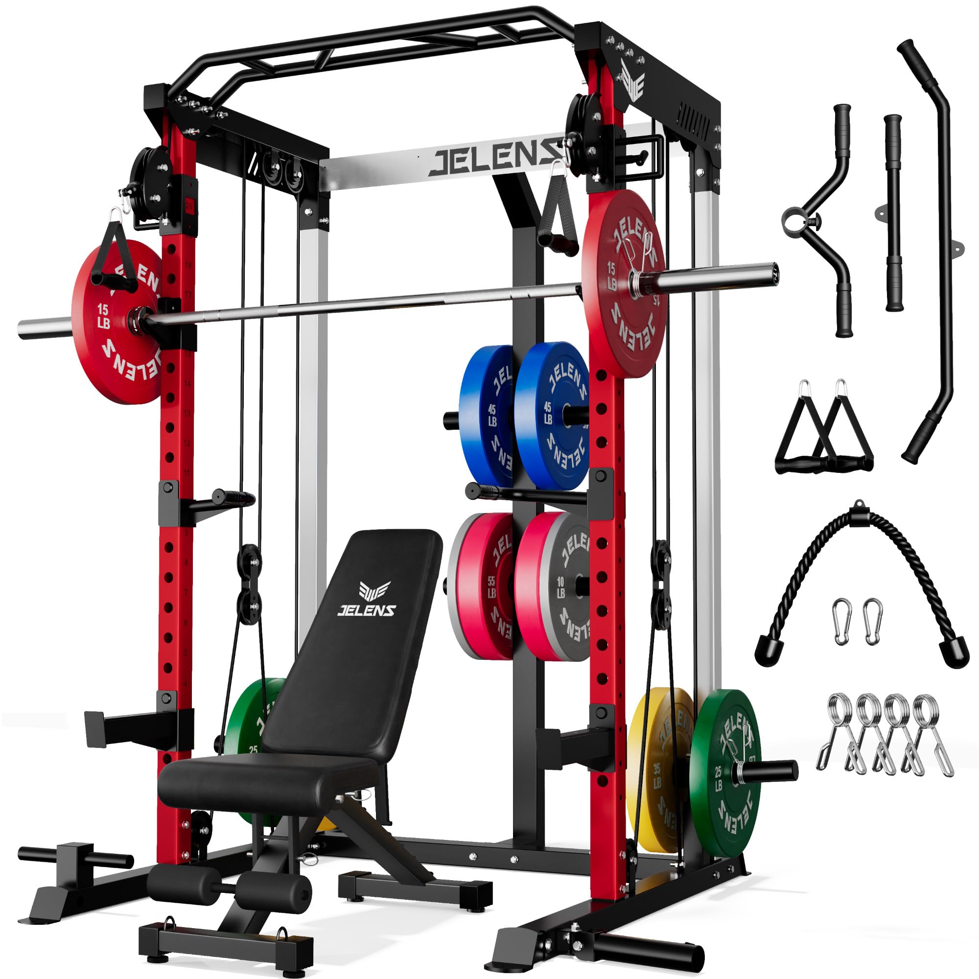 JELENS C21 Power Cage, 2000LBS Multi-Function Power Rack with Independent Dual Pulley System, All-in-One Squat Rack for Cable Crossover, Home Gym Workout Machine