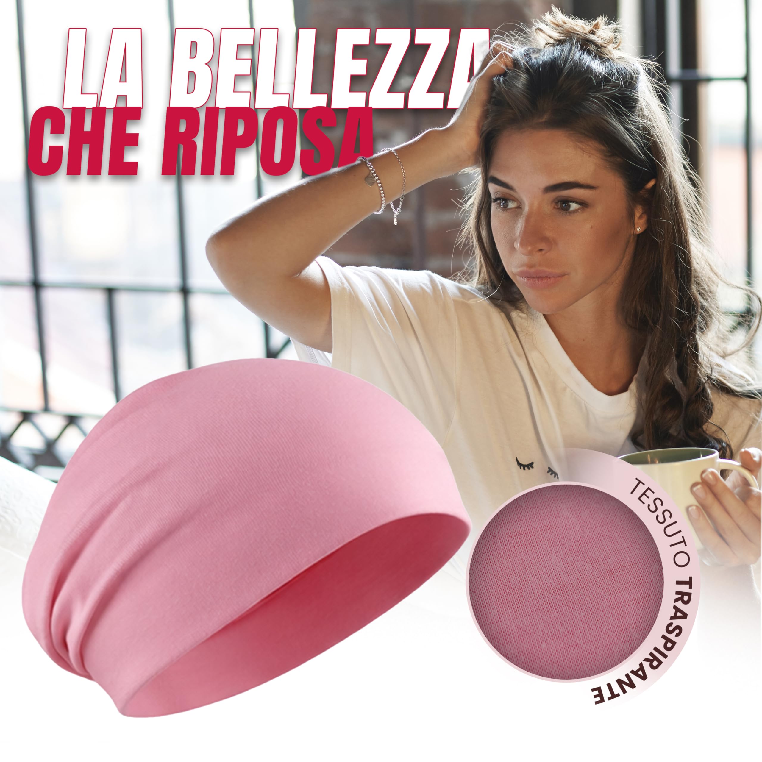 Cuffia Capelli Ricci Notte - Cuffia per Dormire Capelli Ricci, Mossi o Lisci, Anche con i Bigodini - Cappello da Notte Donna in Tessuto Morbido e Confortevole, Rosa
