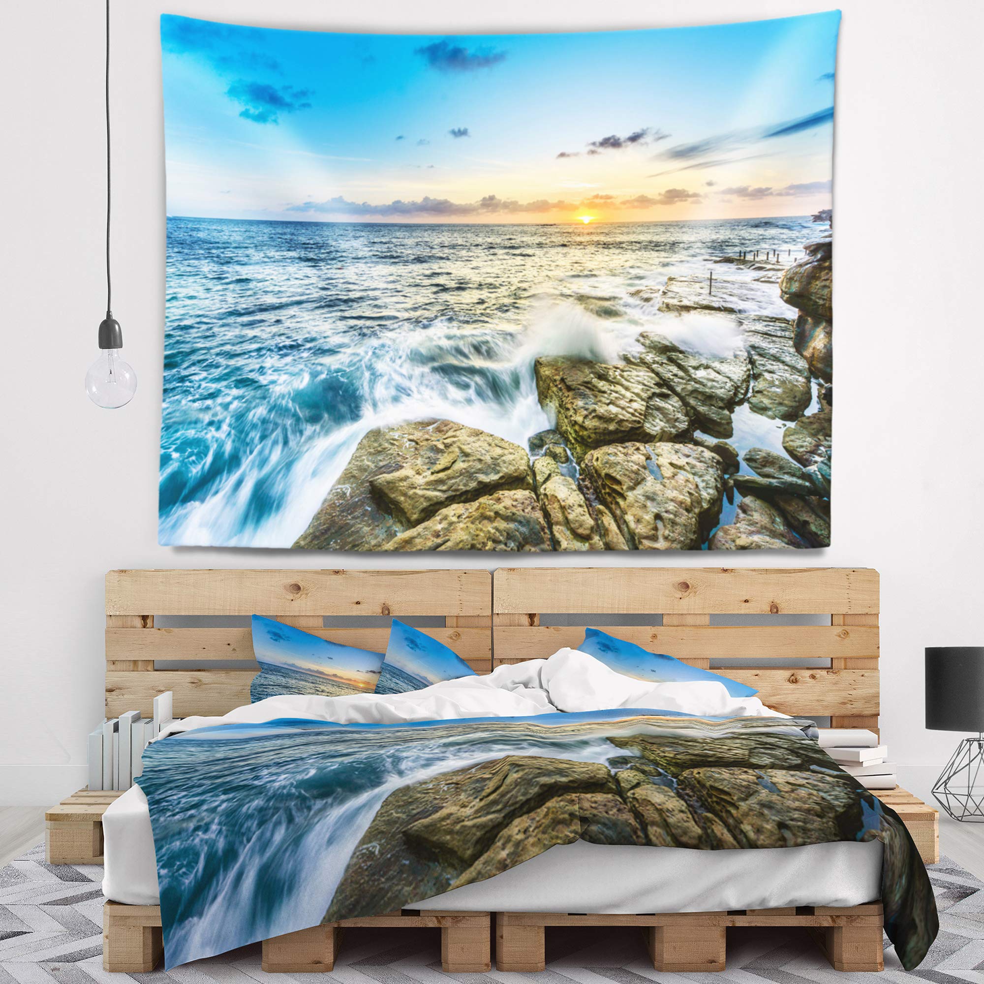 Designart 'Rocky Coogee Beach in Sydney' Seashore Tapestry Blanket Décor Wall Art for Home and Office, Created On Lightweight Polyester Fabric Medium: 39 in. x 32 in