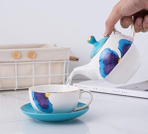 Miniatura 2 de Jusalpha Té de porcelana inglesa para un juego, tetera clásica de pétalos azules, taza de té, juego de platillo, juego de regalo para servir té #07