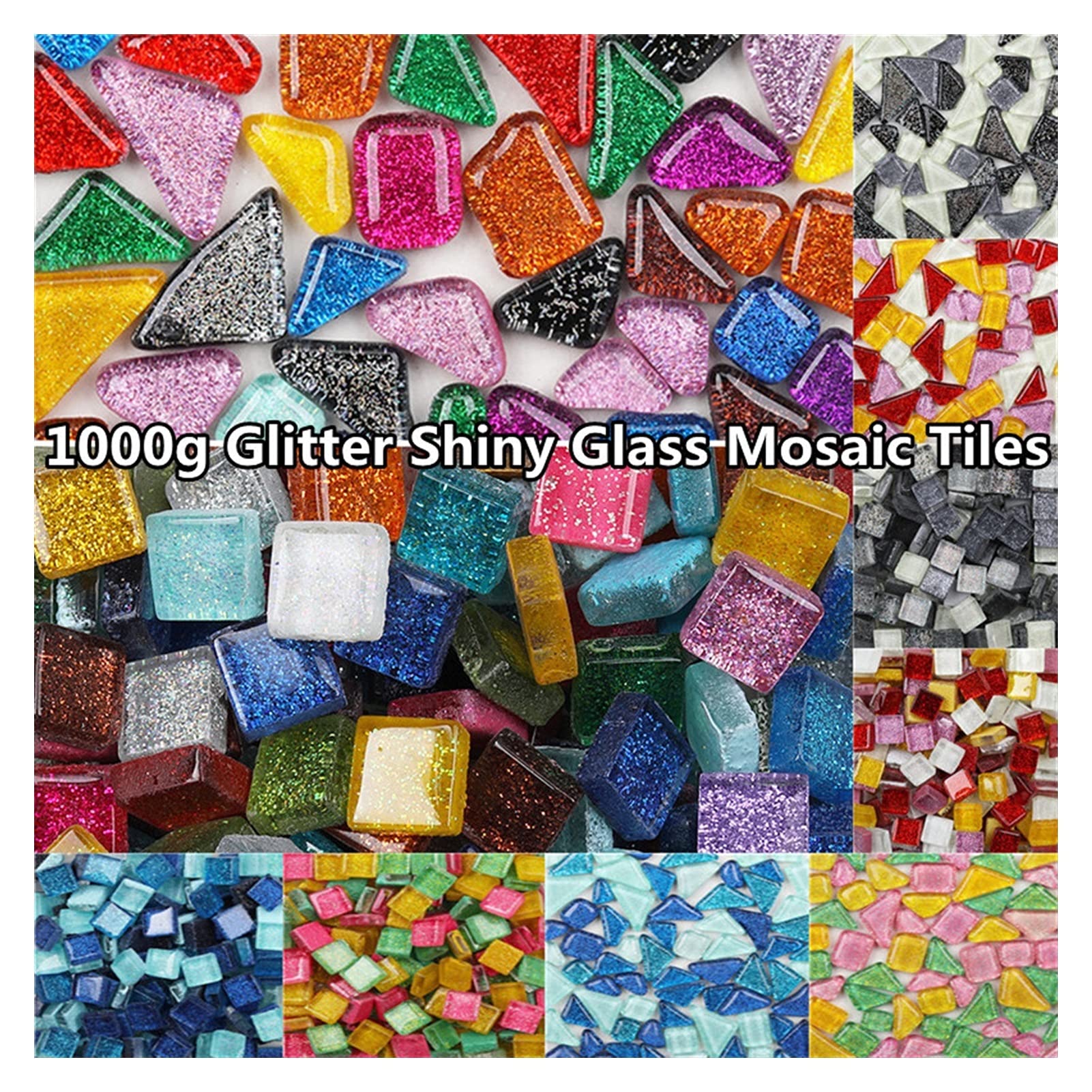 Kamienie mozaikowe 1000g Brokatowe błyszczące szklane mozaiki 1cm kwadratowe kontra nieregularny kształt DIY Mozaika rzemieślnicza Materiały Mozaika artystyczna Kamienie dla zabawy (Kolor: 1000gNiereg