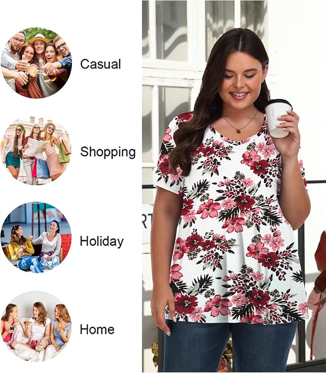 Tencede Womens Plus Size Tops Short Sleeve Tunic Shirts V Neck Summer Floral Loose Fit Blouse XL-5X