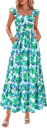 dowerme Womens Summer Dresses 2026 Ruffle Sleeve Square Neck Floral Boho Midi Dress Spring Smocked Beach Party Sundress