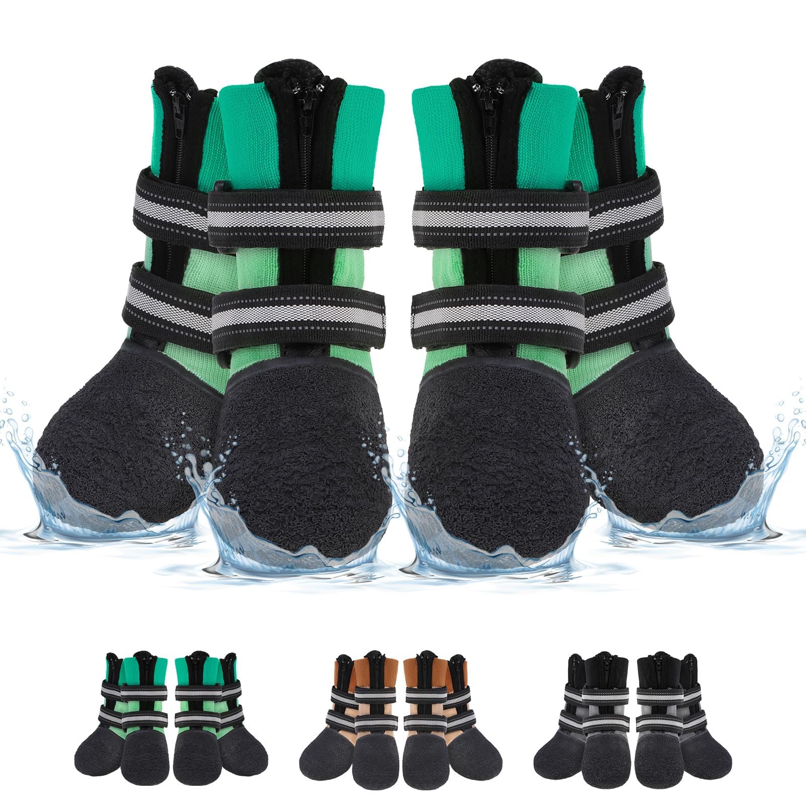 BEAUTYZOO Chaussures imperméables pour chien par temps froid, chaussettes antidérapantes et protections de pattes, fermeture éclair pour éviter le léchage, intérieur et extérieur réfléchissant pour