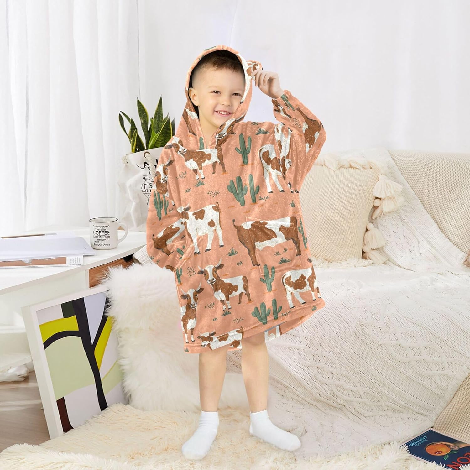 Cow Cactus Animal Kids Wearable Blanket Hoodie with Pocket and Sleeves for Toddlers, Cute Hoodies Girls Boys B0403793