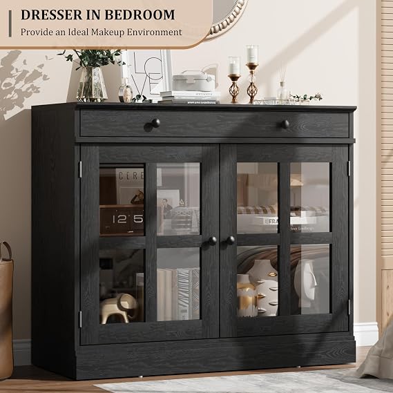 GarveeHome Modern 35.4 Sideboard Buffet Cabinet with Glass Door, Black | Storage Cabinet with Drawer for Dining Room, Kitchen, 3-Level Adjustable Shelves, Easy to Assemble, Sturdy Construction