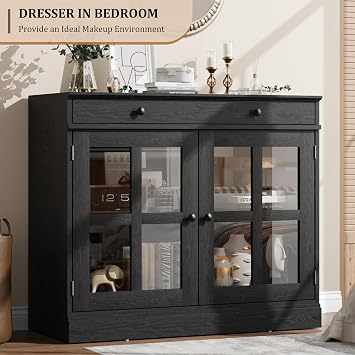 GarveeHome Modern 35.4 Sideboard Buffet Cabinet with Glass Door, Black | Storage Cabinet with Drawer for Dining Room, Kitchen, 3-Level Adjustable Shelves, Easy to Assemble, Sturdy Construction