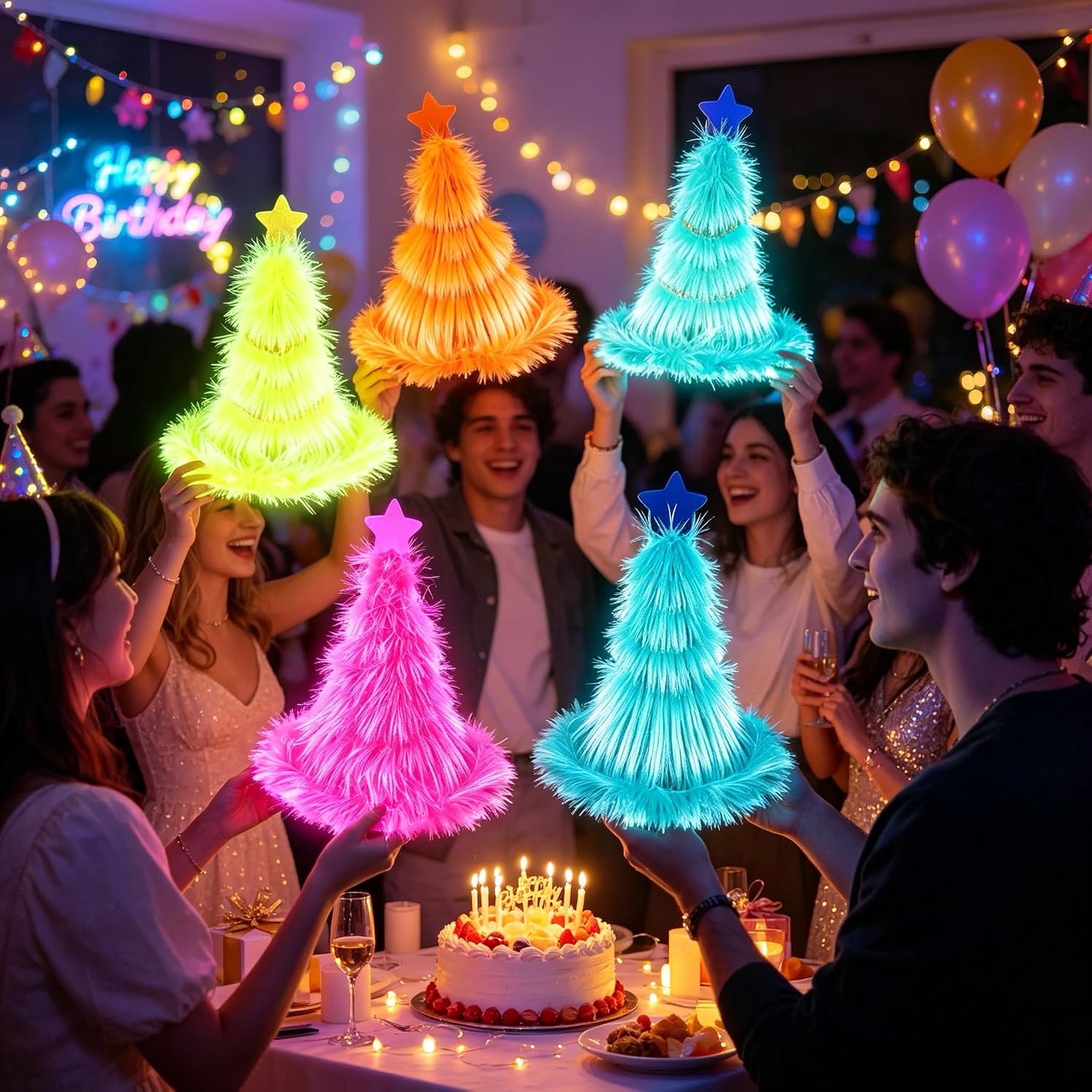 UV Blacklight Reactive Glow Party Hats, 4 Colors Neon Fluorescent Fluffy Tree Shaped Hat, Glow in The Dark Costume Headwear for Rave, Black Light Party, Halloween, Christmas,Birthday Party for Adults
